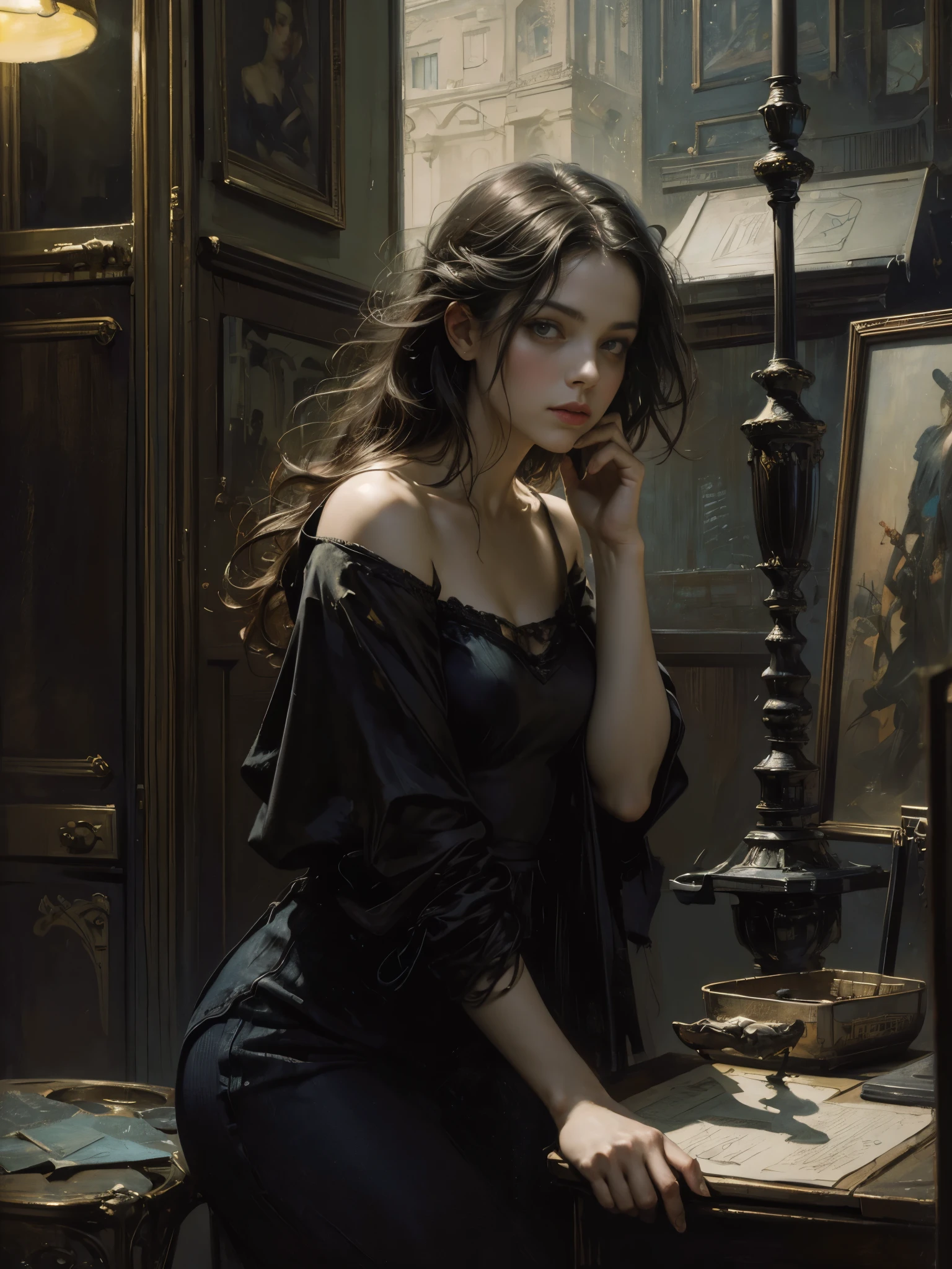 painting of woman, with influence of Jeremy Mann, Jeremy Mann, style of Jeremy Mann, Jeremy Mann painting, Jeremy Mann art, Ron Hicks, Liepke, Jeremy Mann and alphonse mucha, Works that influenced Edmund Blampid, robert lenkiewicz, Casey Baugh and James Jean, Works that influenced Willem Kalf, Nick Alm, tumbler, figurative art, Intense watercolor painting, watercolor detailed art,Beautiful and expressive paintings, Beautiful artwork illustration, wonderful, cool beauty, highest quality, official art, perfect composition,perfect angle, best shot, female solo, sharp outline, melancholy, nostalgia,Eyes without pupils, color eye, ideal anima, In search of lost time, marcel proust, sentimental, Paris in the first half of the 20th century, montparnasse, Full body Esbian, urban area, street light