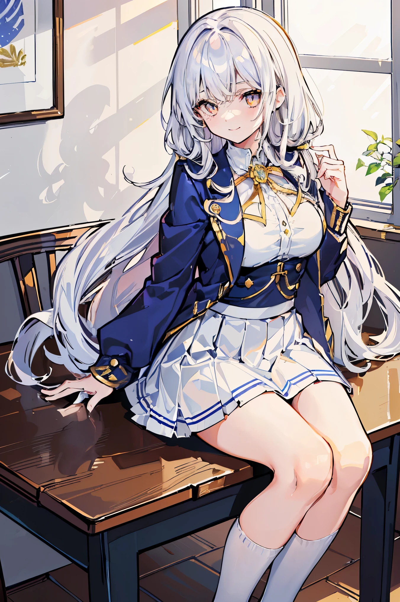 school teacher art, (1 girl), (table top:1.3), (intricate details:1.2), (soft writing:1.1), (incredible shadow:1.1), (Bright colors:1.2), Lush, lean, (Чазки D:1.2), (dark blue jacket:1.2), (white loose shirt:1.2), (white tight skirt:1.2), (golden eyes:1.3), (long white curly hair:1.2), Big breasts with a playful smile