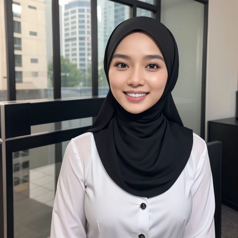 Malay woman, 25yo, office, wearing hijab, beautiful face, perfect smile,