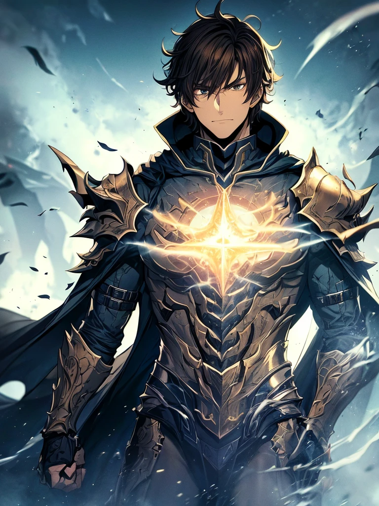 ultra HD 8k best quality,ultra-detailed,realistic:1.37,portrait,dark fantasy,anime,solo leveling,heroic character, one boy,Brown eyes, Brown hair, overcoat with hood, sharp focus,magical powers,mysterious aura,dynamic pose,threatening expression,glowing eyes,demonic presence,grim reaper cloak,detailed armor,enchanted weapon,dark background,eerie lighting,blue color palette,smoke effects,action scene,high contrast,fluid brush strokes,masterpiece:1.2