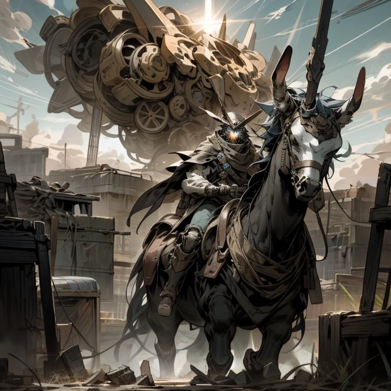 Amidst the ruins of a once vibrant town, a young boy mounted atop a magnificent robot prepared for battle. The air was thick with tension as the sun set, casting long shadows over the desolate landscape. Above the smoky horizon, a cloud formation took the shape of a mesmerizing word: "KEIJIRO."
This stunning masterpiece, overflowing with the highest quality, invites us to witness an extraordinary scene. The young hero, clad in tattered clothes and a protective helmet, sat steadfastly on his robotic steed. Its gears hummed softly, ready to unleash its hidden power against the ominous, monstrous creatures lurking in