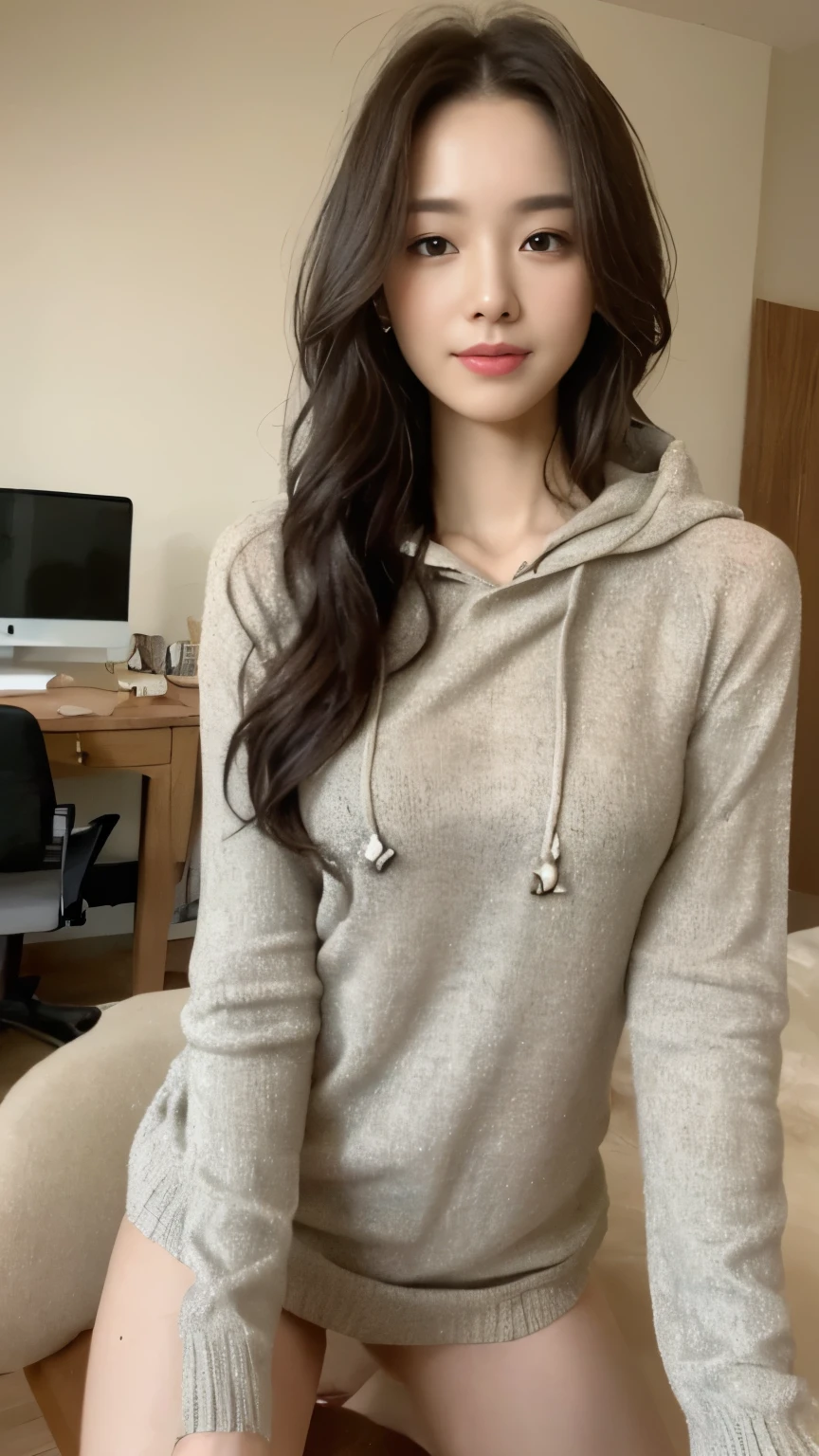 ((top-quality、8k、masterpiece:1.3))、Beautiful woman with perfect body:1.4、slim abdomen:1.2、Longhair, normal breast, Highly detailed facial and skin texture, A detailed eye, delicate eyes, (smile), (full body shot), ((computer room)), (sitting on chair), (((wearing hooded sweater)), looking in front