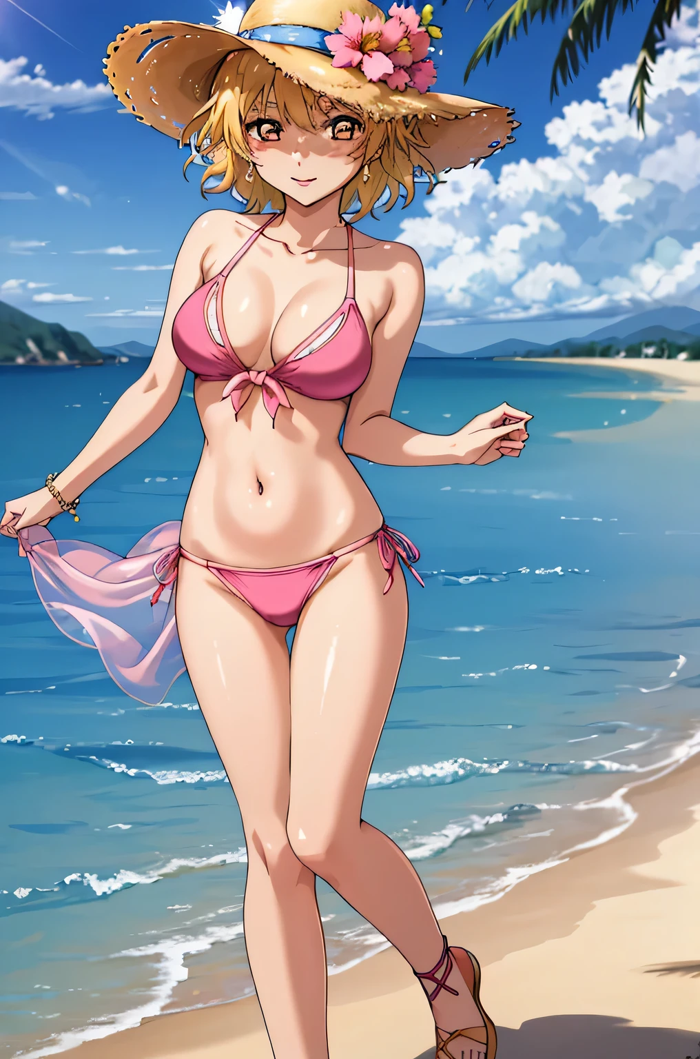 masterpiece, highest quality, Super detailed, shine, shine光, ray tracing, HDR, written boundary depth, (perfect face, detailed face),1 girl, alone, Chinatsu, brown eyes, short hair, bare shoulders, Pink swimsuit, Navel exposure, jewelry, straw hat, White sandals, Are standing, outdoor