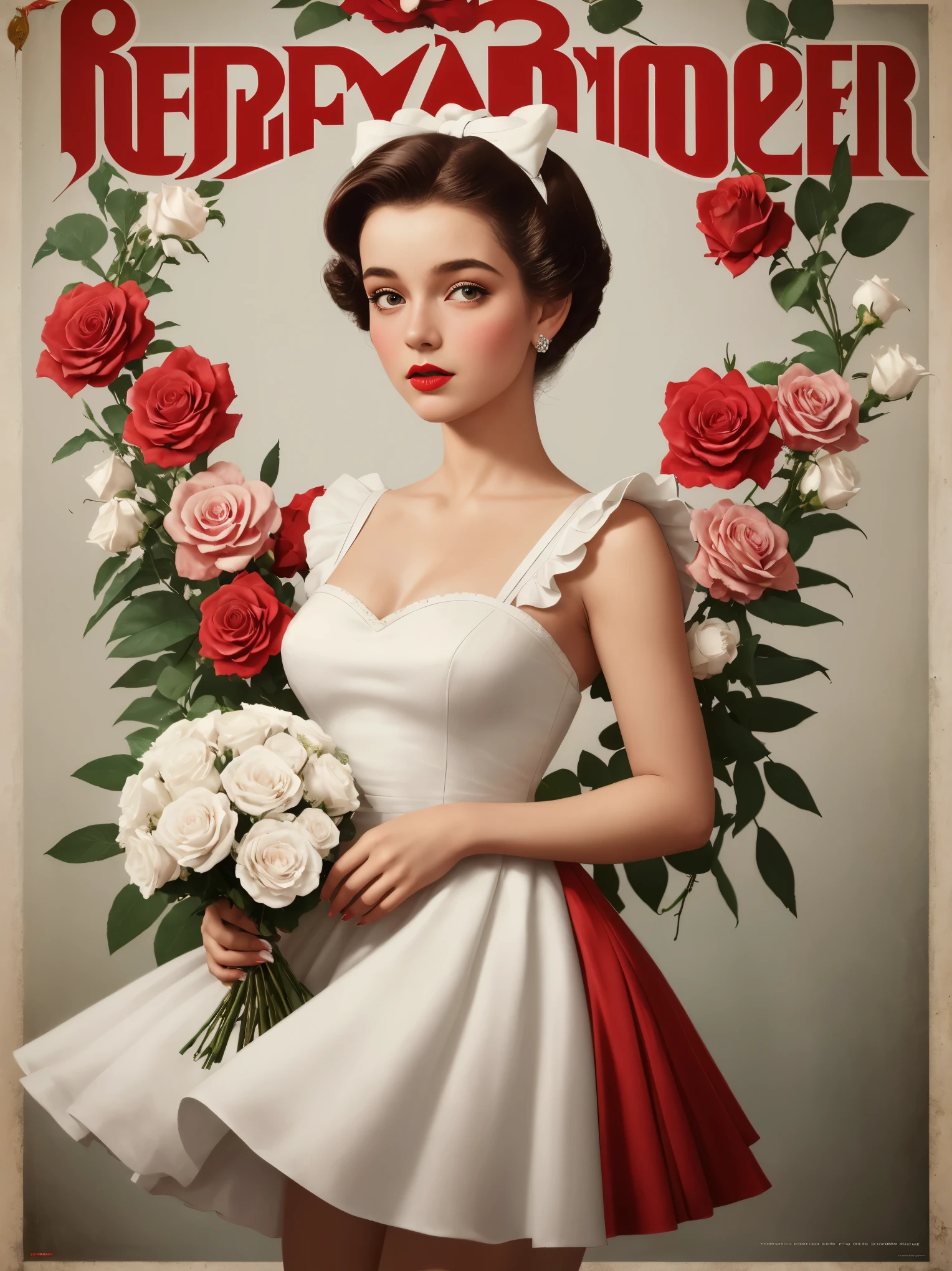 uma pintura de uma jovem mulher loira, with white bows in her hair, with a white dress from the 30s, holding a bouquet of reddish and white roses, the bouquet of roses is in front of your body, a poster inspired by Art Frahm, obturador, arte pop, beautiful retro art, pin-up poster. poster vintage, retrato n - 9, ( Arte Fitzpatrick )