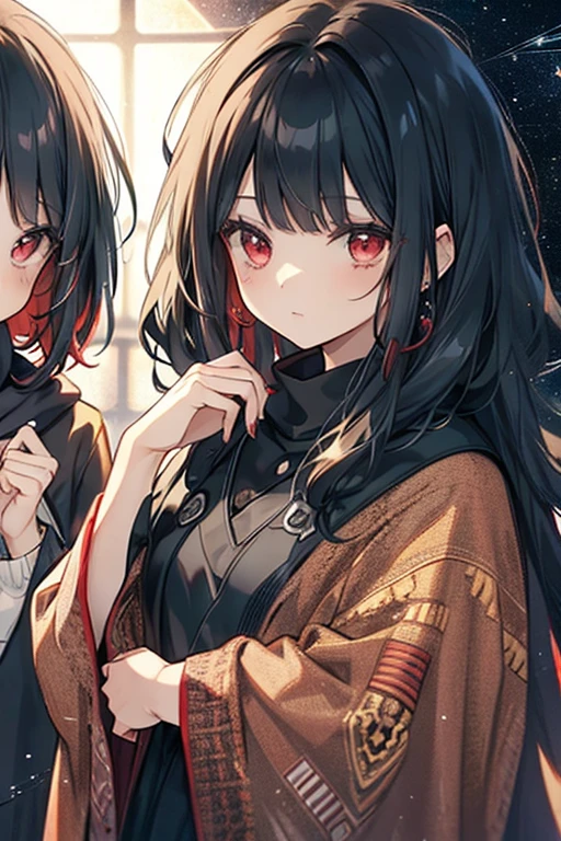 A black haired woman with brown is looking at the stars with a red haired woman with red eyes on a nice blanket