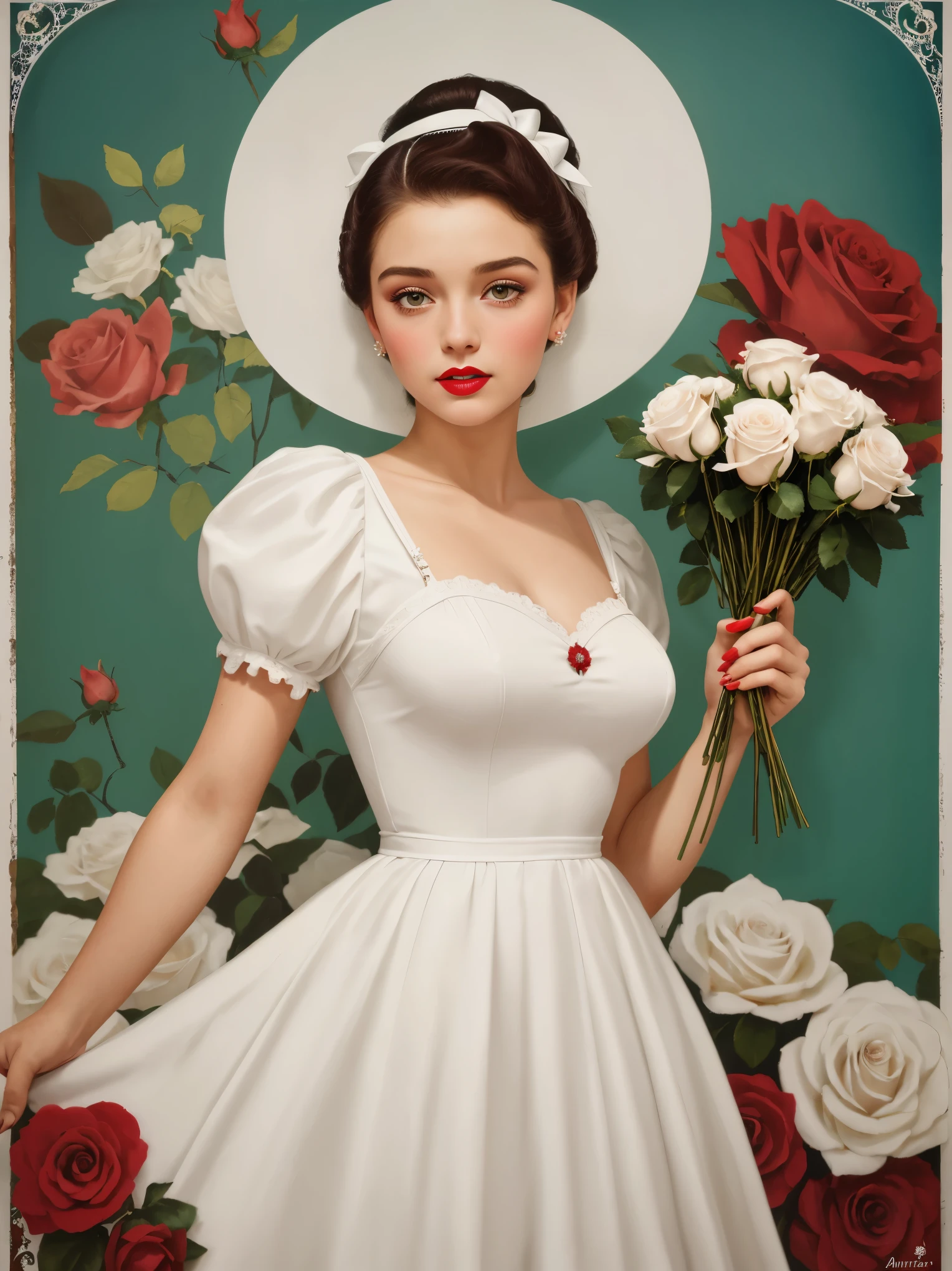 uma pintura de uma jovem mulher loira, with white bows in her hair, with a white dress from the 30s, holding a bouquet of reddish and white roses, the bouquet of roses is in front of your body, a poster inspired by Art Frahm, obturador, arte pop, beautiful retro art,  pin-up poster. poster vintage,  retrato n - 9, ( Arte Fitzpatrick )