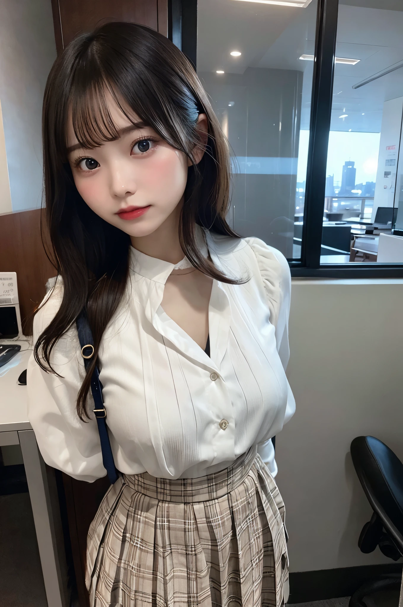 Wearing a white blouse with a long-sleeved collar、Wearing a dark blue pleated skirt