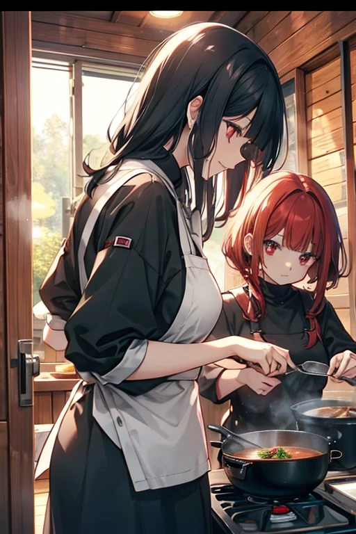 A black haired woman with brown is cooking with a red haired woman with red eyes in a cabin
