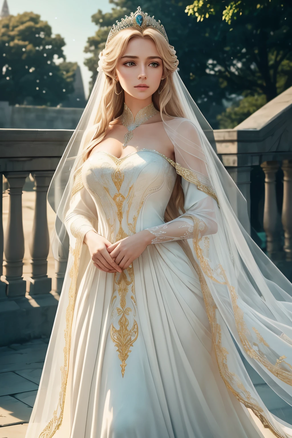 A regal and ethereal princess, clad in a white angelic gown that cascades down to the ground, stands tall and proud before her faithful guard. Her long, golden locks stream down her back, framing her delicate features. With a graceful posture and poised expression, she gazes off into the distant horizon. Her guard, clad in deep blue armor, stands vigilantly by her side, his stern gaze fixed on potential threats. The scene is bathed in soft, warm lighting, creating a serene and romantic atmosphere. The princess's gown reflects the light in the most stunning way, giving it a glowing aura, and the detail of the guard's armor is intric