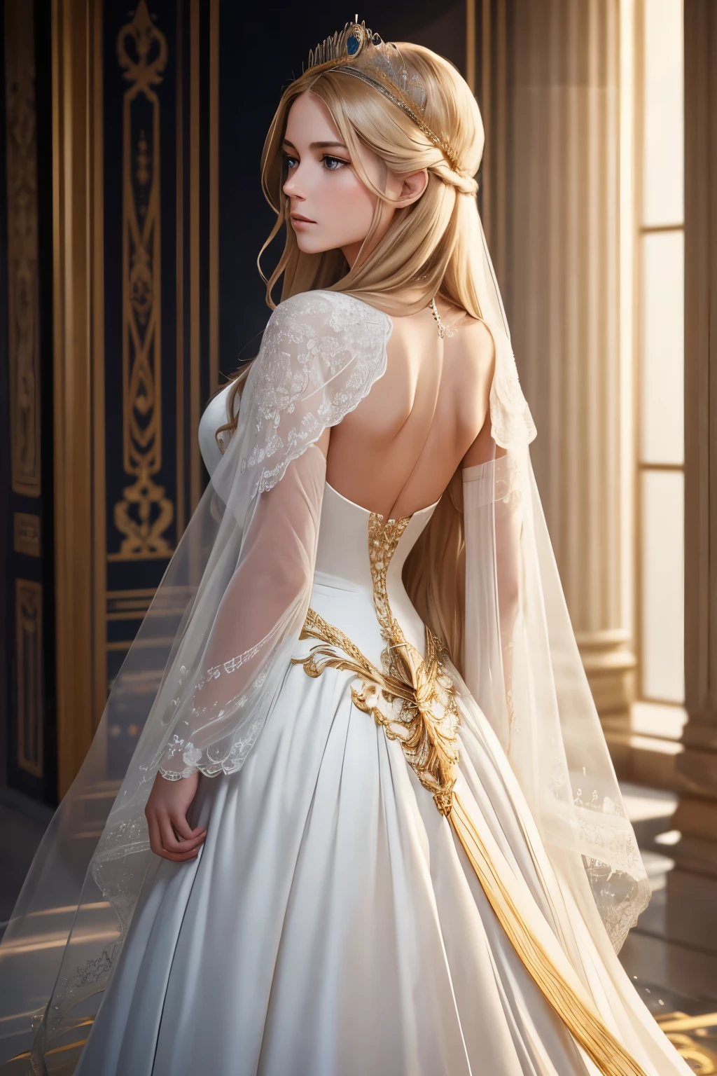 A regal and ethereal princess, clad in a white angelic gown that cascades down to the ground, stands tall and proud before her faithful guard. Her long, golden locks stream down her back, framing her delicate features. With a graceful posture and poised expression, she gazes off into the distant horizon. Her guard, clad in deep blue armor, stands vigilantly by her side, his stern gaze fixed on potential threats. The scene is bathed in soft, warm lighting, creating a serene and romantic atmosphere. The princess's gown reflects the light in the most stunning way, giving it a glowing aura, and the detail of the guard's armor is intric