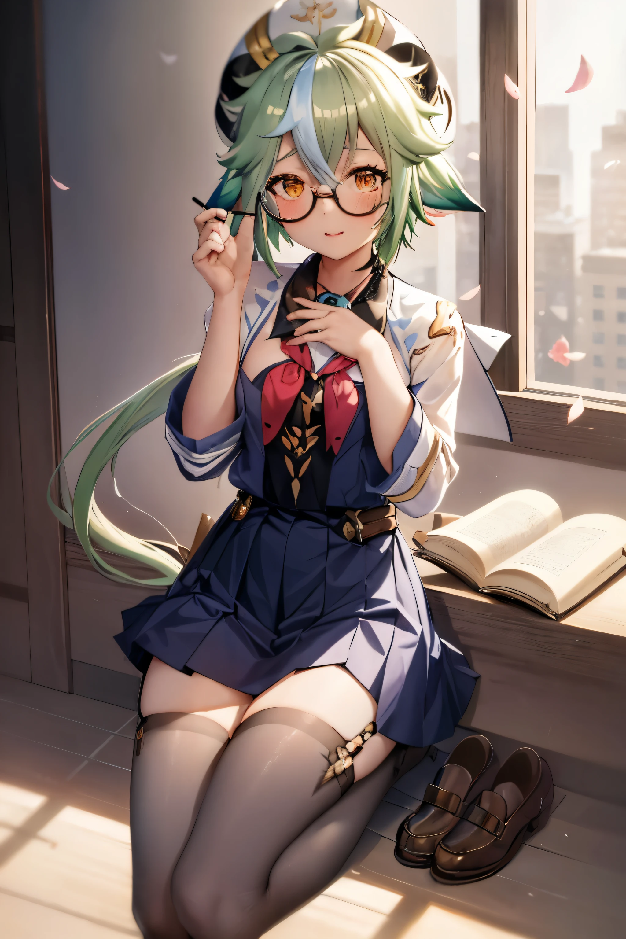 masterpiece, best quality, 1girl, skirt, school uniform, thighhighs, hat, cherry blossoms, green hair, blue skirt, pleated skirt, long hair, alternate costume, glasses, long sleeves, open mouth, semi-rimless eyewear, slime (genshin impact), shoes, serafuku, petals, neckerchief, white shirt, book, holding, shirt, red neckerchief, brown footwear, multicolored hair, sailor collar, white headwear, bangs, loafers, pencil, zettai ryouiki, blush, looking at viewer, animal ears, paper, full body, hat removed, solo, streaked hair, headwear removed, orange eyes, hair between eyes, black thighhighs, very long hair, pen, contemporary, hands up, notebook, open book, sidelocks, blue sailor collar, ponytail, under-rim eyewear, brown eyes, low ponytail, floating, blurry, smile, holding book, yellow eyes, eraser, holding pencil, two-tone hair, cat ears, dango