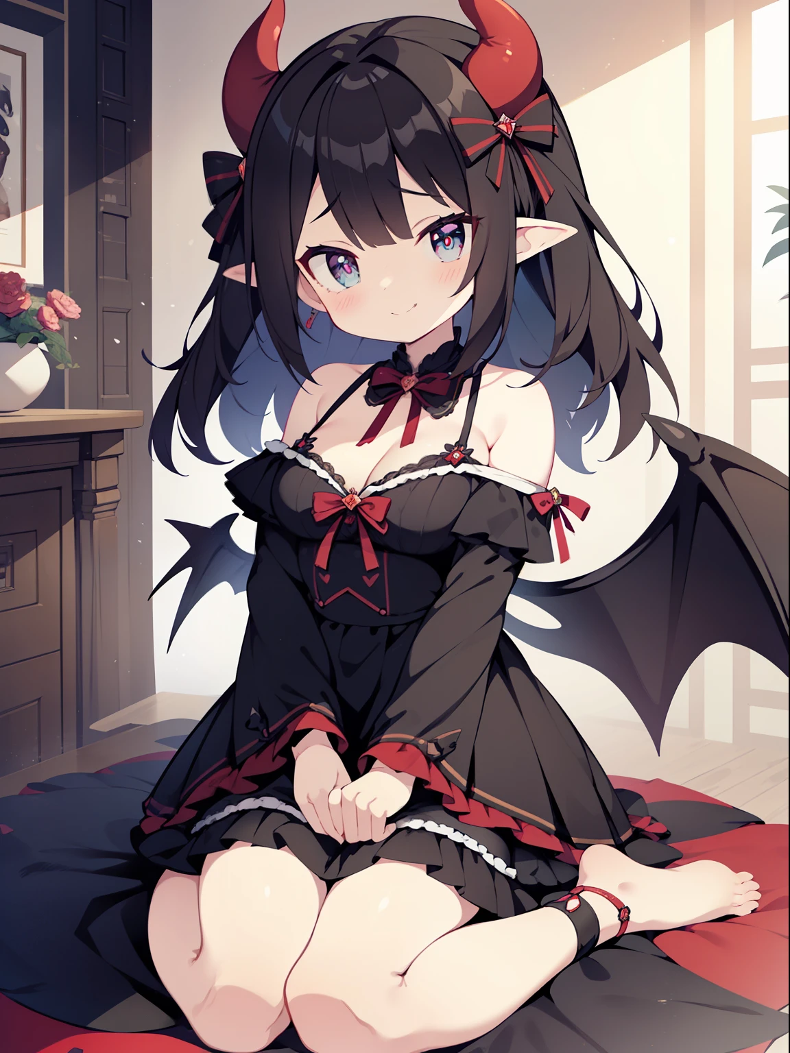 (one little devil girl:1.2), (alone:1.2),(13 year old girl)、young girl、big breasts、 table top, nffsw、shader、highly detailed eyes、black髪、silky hair、ultra-intricate pupil in eyes、highest quality、Lift your with your hands、Dresses that are too big for your body type、hide cleavage、Low exposure、bright colors、Bust 100、Standing picture of the game、Pose to emphasize、Little Devil Dress(Large and wide々it was、black)(big fluffy costume)(side boob)、devil's wings、Mini skirt dresses、panty shot、thin legs、barefoot、Chin Elkai、bare hands、stinky eyes、ニヤリit was表情、evil smile、Showing the soles of the feet、standing pose