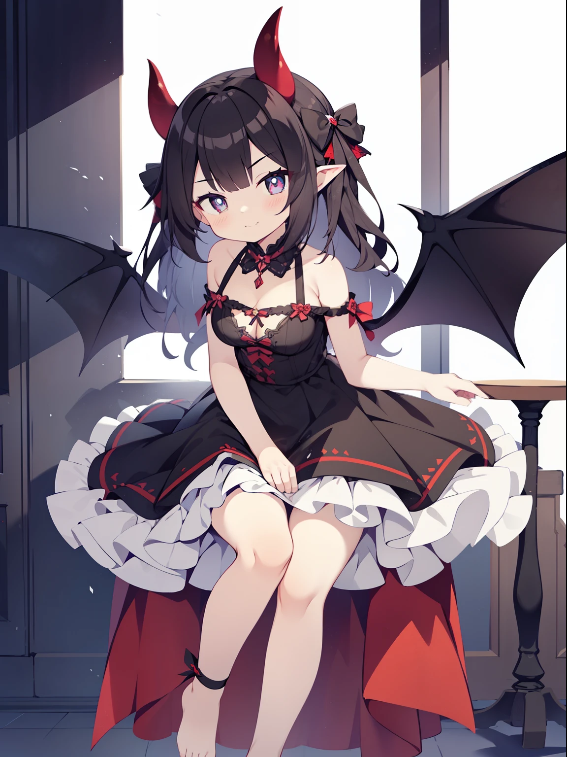 (one little devil girl:1.2), (alone:1.2),(13 year old girl)、young girl、big breasts、 table top, nffsw、shader、highly detailed eyes、black髪、silky hair、ultra-intricate pupil in eyes、highest quality、Lift your with your hands、Dresses that are too big for your body type、hide cleavage、Low exposure、bright colors、Bust 100、Standing picture of the game、Pose to emphasize、Little Devil Dress(Large and wide々it was、black)(big fluffy costume)(side boob)、devil&#39;s wings、Mini skirt dresses、panty shot、thin legs、barefoot、Chin Elkai、bare hands、stinky eyes、ニヤリit was表情、evil smile、Showing the soles of the feet、standing pose