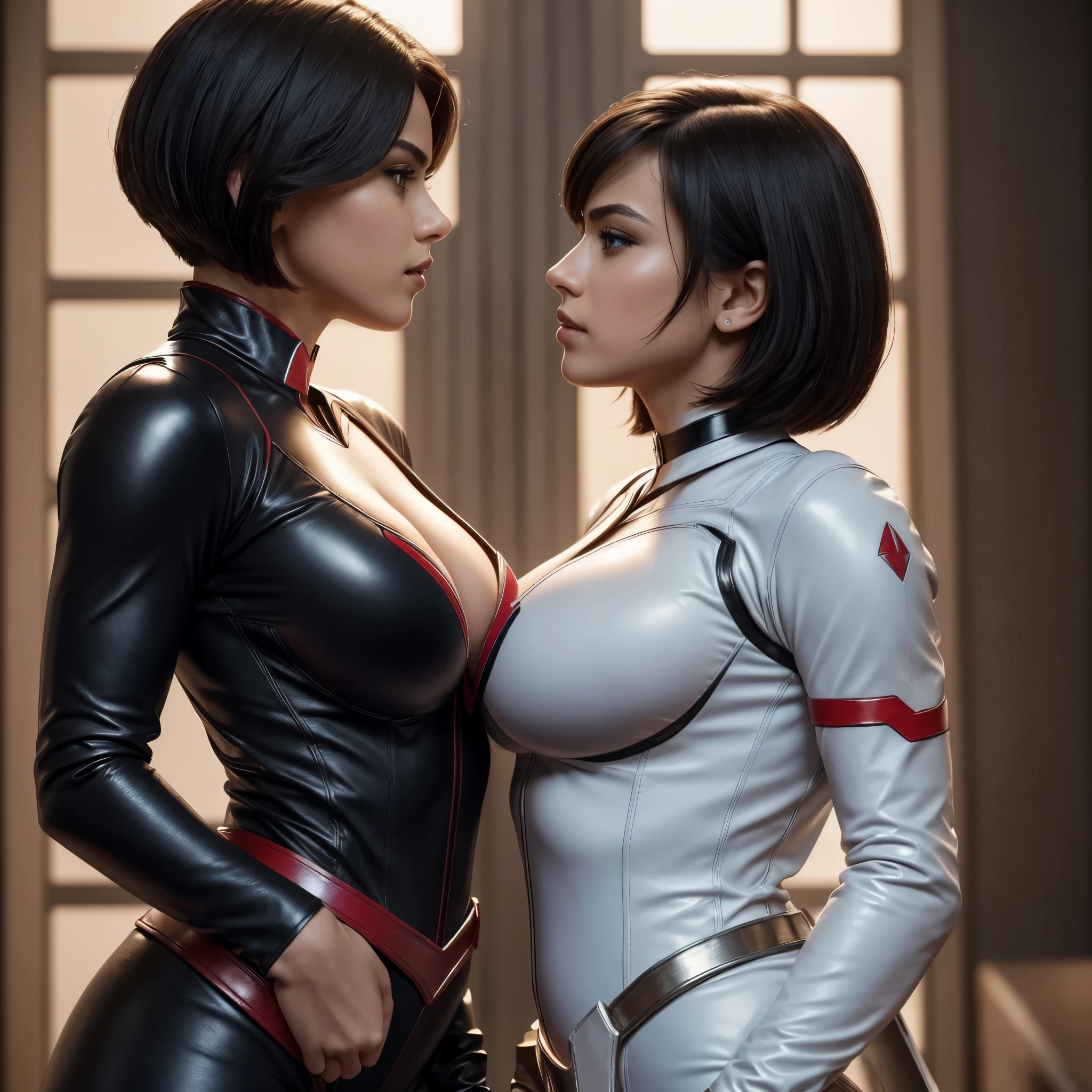 Isabel Merced as powergirl kissing supergirl, leather suit, choker, bob_cut hair, slim photo model, (big breasts:1.3), high heeled boots:1.3,Real Life, full bodyshot, Ultra Realistic, Photorealism, Photography, 8K UHD, Photo, HDR, Complex and Elegant, Highly Detailed, Sharp Focus, Stunning, Beautiful, Gorgeous), (Masterpiece: 1.2, Best Quality 1:1, Ultra Detail: 1.2, Best Shadows, 8k: 1.1), (beautiful detailed face), high contrast, (perfect lighting: 1.2), (cinematic light)), colorful, hyper-detail, dramatic light, intricate detail、