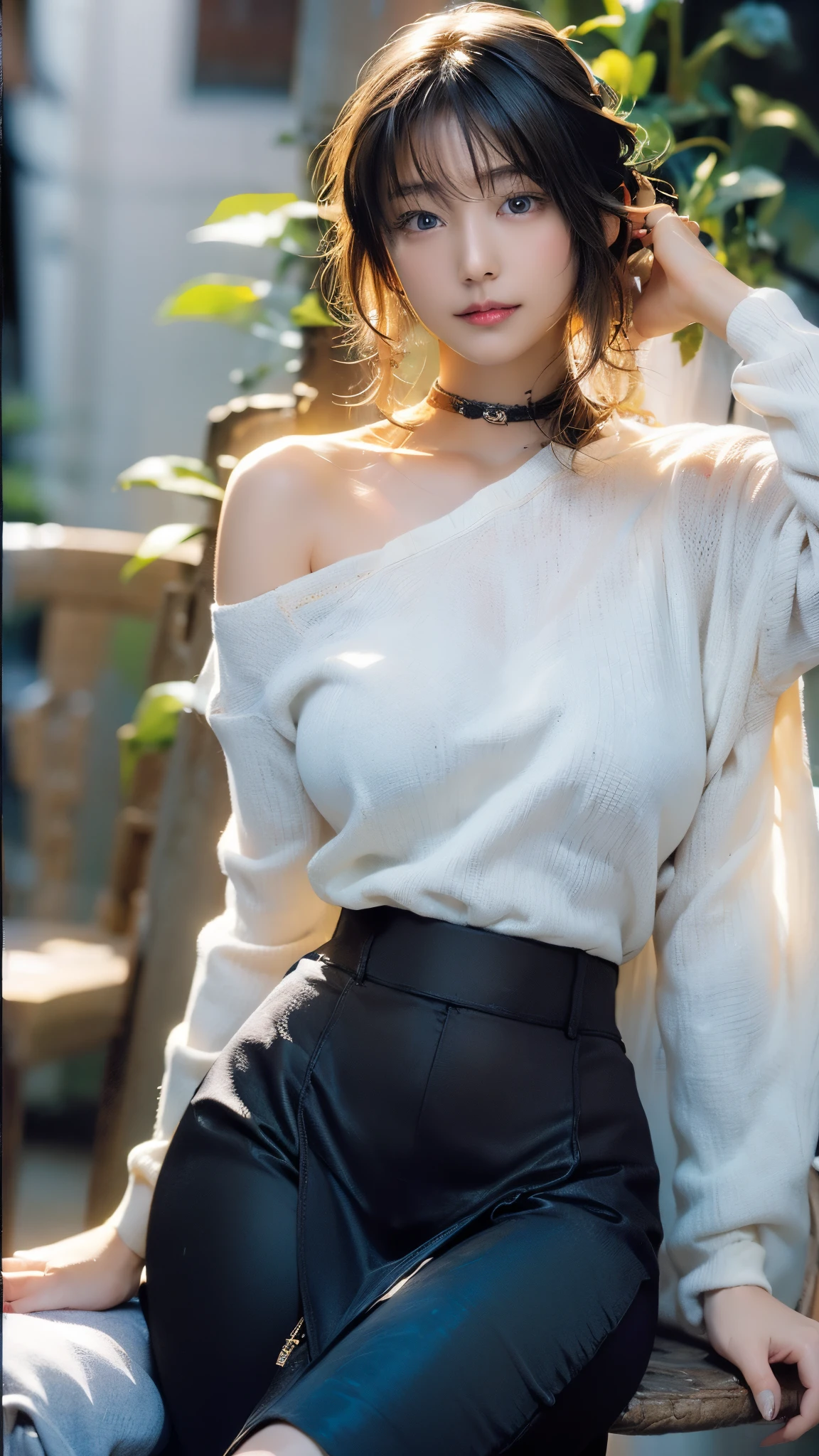 highest quality, ultra high resolution, (realistic:1.4), 1 girl, off shoulder white shirt, black tight skirt, black choker, (faded gray hair:1), (huge breasts:1.2), looking at the viewer, close ,