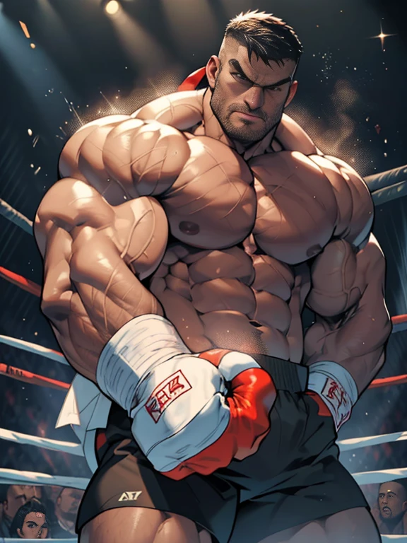 3D Photorealistic, Masterpiece realistic, best high quality, perfect details, RAW Photo, intricate details, nice lighting, 4K, detailed background, In the championship boxing match, A determined muscular boxing champion 45-year-old man, perfect wrinkle wearing pure white boxing trunk and red boxing gloves. His faces marked with grit and determination. Crowded audiences and nice lighting, nice face lighting, serving a boxing battleground. The banner signs overhead cast a surreal, flickering glow, adding to the atmosphere of raw energy. He looks firm in powerful boxing stances, as ready to start the fight in a next second. Unnoticed by the world beyond. It's a fight born of pride, rivalry, or perhaps a deeper conflict and pride, and it rages on with an intensity that can only be found in the unforgiving boxing stadium of the city. Intricate details, details of physic muscle, perfect body anatomy, perfect hand anatomy. hot beard, (look at viewer:1.6), (straight face:1.2)