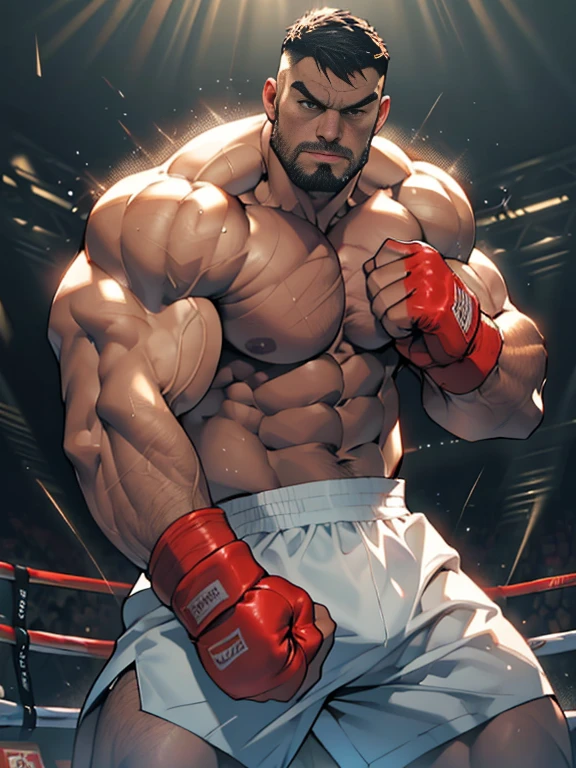 3D Photorealistic, Masterpiece realistic, best high quality, perfect details, RAW Photo, intricate details, nice lighting, 4K, detailed background, In the championship boxing match, A determined muscular boxing champion 45-year-old man, perfect wrinkle wearing pure white boxing trunk and red boxing gloves. His faces marked with grit and determination. Crowded audiences and nice lighting, nice face lighting, serving a boxing battleground. The banner signs overhead cast a surreal, flickering glow, adding to the atmosphere of raw energy. He looks firm in powerful boxing stances, as ready to start the fight in a next second. Unnoticed by the world beyond. It's a fight born of pride, rivalry, or perhaps a deeper conflict and pride, and it rages on with an intensity that can only be found in the unforgiving boxing stadium of the city. Intricate details, details of physic muscle, perfect body anatomy, perfect hand anatomy. hot beard, (look at viewer:1.6), (straight face:1.2)