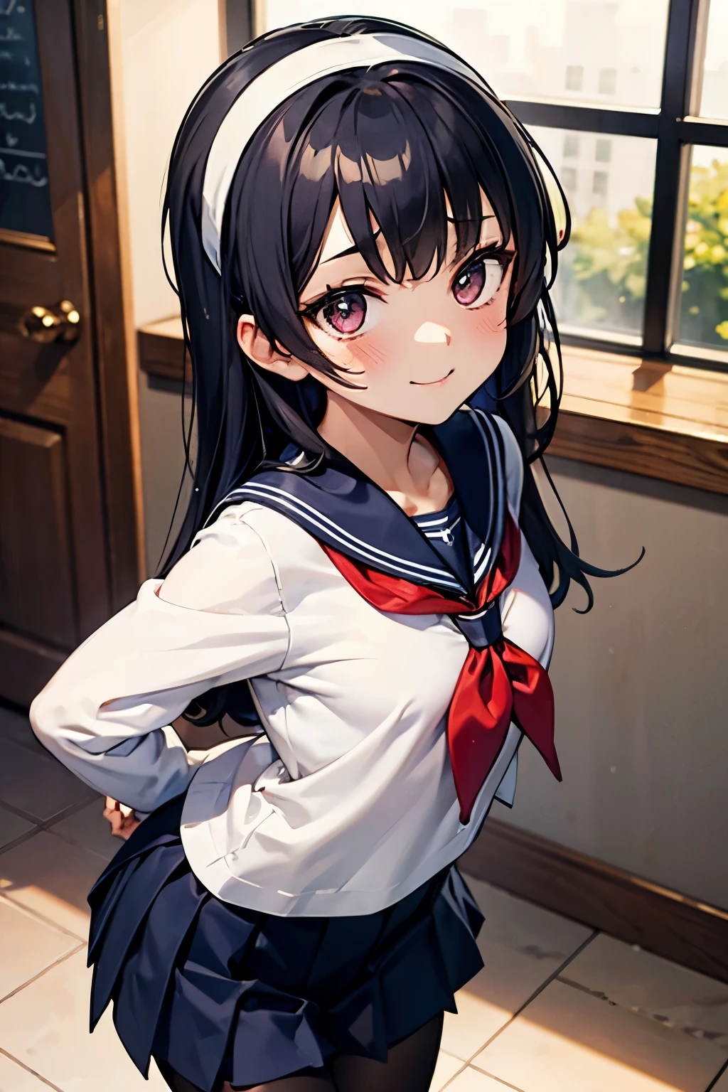 High school girl in sailor suit, Anime 2D rendering, White headband, smile, black hair, Straight hair, Semi-Long Hair, navy blue sailor uniform, black stockings, school scenery, small face, trot, 