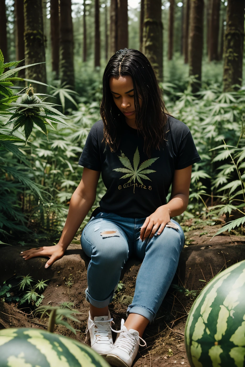 Photo of a (voluptuous dark-skinned Beautiful Haitian girl) with sporty hair, wearing stylish tie-dyed ("black metal band Behemoth"! T-shirt) and tattered red-dyed jeans, henna tattoos on hands, plump thighs, wearing athletic hi-top sneakers, sitting and praying through ((dense cannabis sativa forest ((with overgrown patch of watermelons)) throughout)) in the Spring during golden hour, film grain, Ilford HP5, 80mm