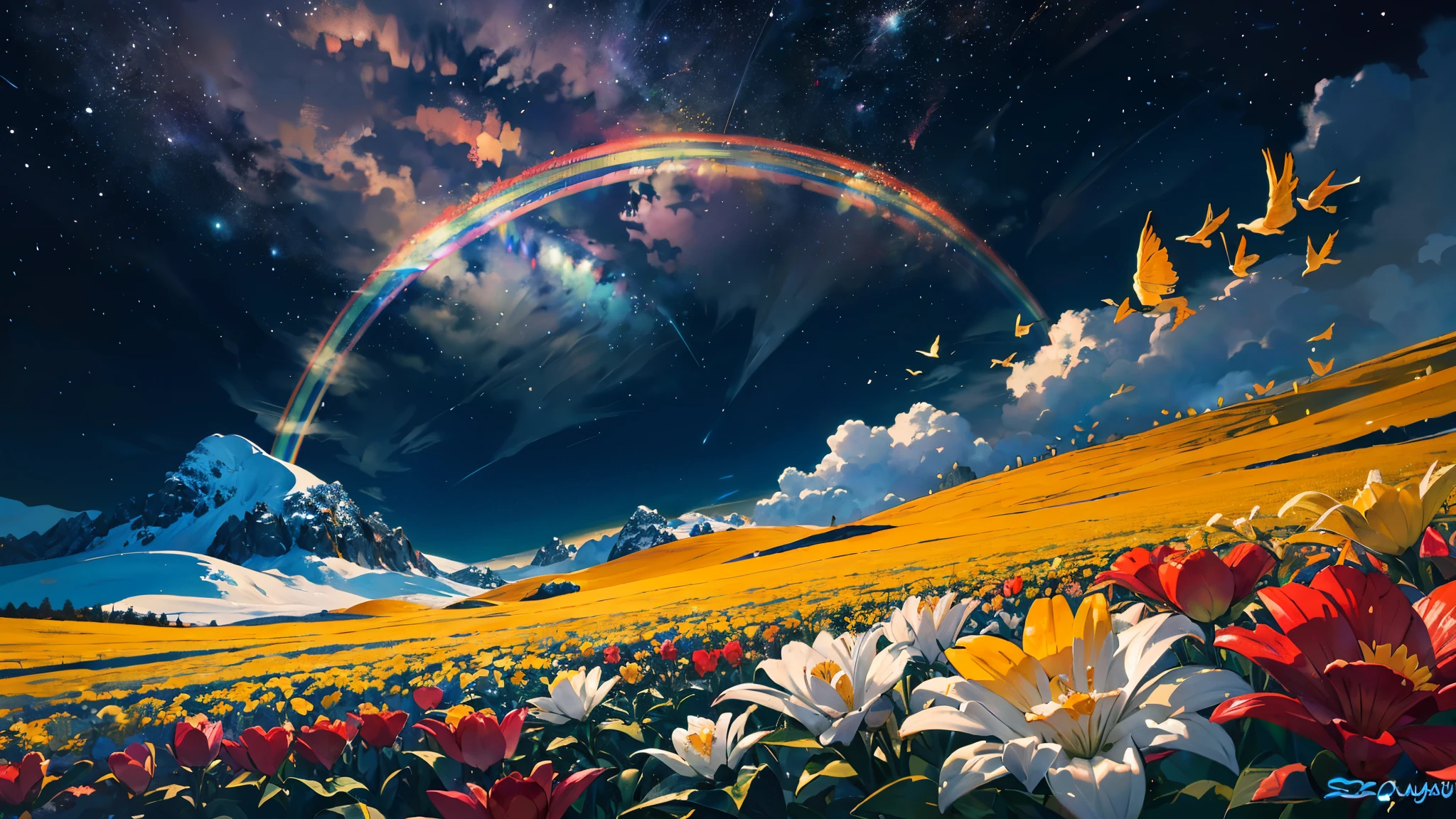 Foto de vasta paisagem, (visto de baixo, The sky is above and the open field is below), um garoto parada de kimoto japones em um campo de flores olhando para cima, (Lua cheia: 1.2), (Meteoro: 0.9), (nebulosa: 1.3), Montanhas distantes , BREAK Trees Crafts, (luz quente: 1.2), (vagalumes: 1.2), luzes, Muito roxo e laranja, detalhes intrincados, volumetric lighting, realismo QUEBRA (obra de arte: 1.2), (melhor qualidade), 4k, ultra-detalhado, (dynamic composition: 1.4), muito detalhado, detalhes coloridos, (rainbow colors: 1.2), (Bright lighting, atmospheric lighting), sonhadores, magical, (Sozinho: 1.2)