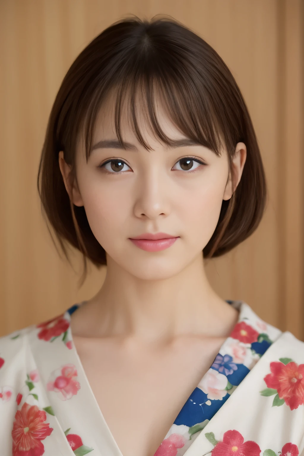 Wearing a yukata、Realistic Japan Woman, beautiful japanese female, goddess of Japan, Beautiful Japan Female Face、A MILF、Sexy Japan woman、Looking at the camera、Look into the eyes、facing front、Beautiful collarbone、Narrow-eyed、Single eyelid、Small eyes、tthin eyebrows、30-year-old woman with、low nose、thin lipss、tying brown hair、On tatami mats、Sit upright