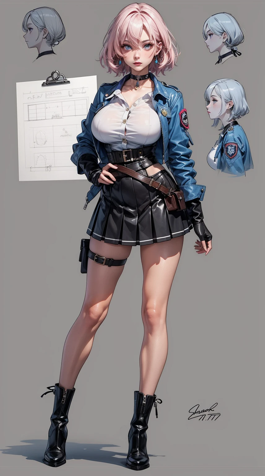 ((masterpiece, best_quality)), (photorealistic:1.4),  solo, 1 girl, white_background, white_hair, short_hair,   zettai_ryouiki,(black big ribbon accessories at the back of head), (red jacket with sleeves rolled), toggle button pin buckle, ((tosca-blue colour) mini pleated skirt with a slit in the front), outline nipple can be seen through the clothes, areola bulge, high heels boots, belly, crotch gap, cameltoe ,shiny skin, sweaty skin, nose blush, belt underboob, underboobs, nsfw, nipple pads