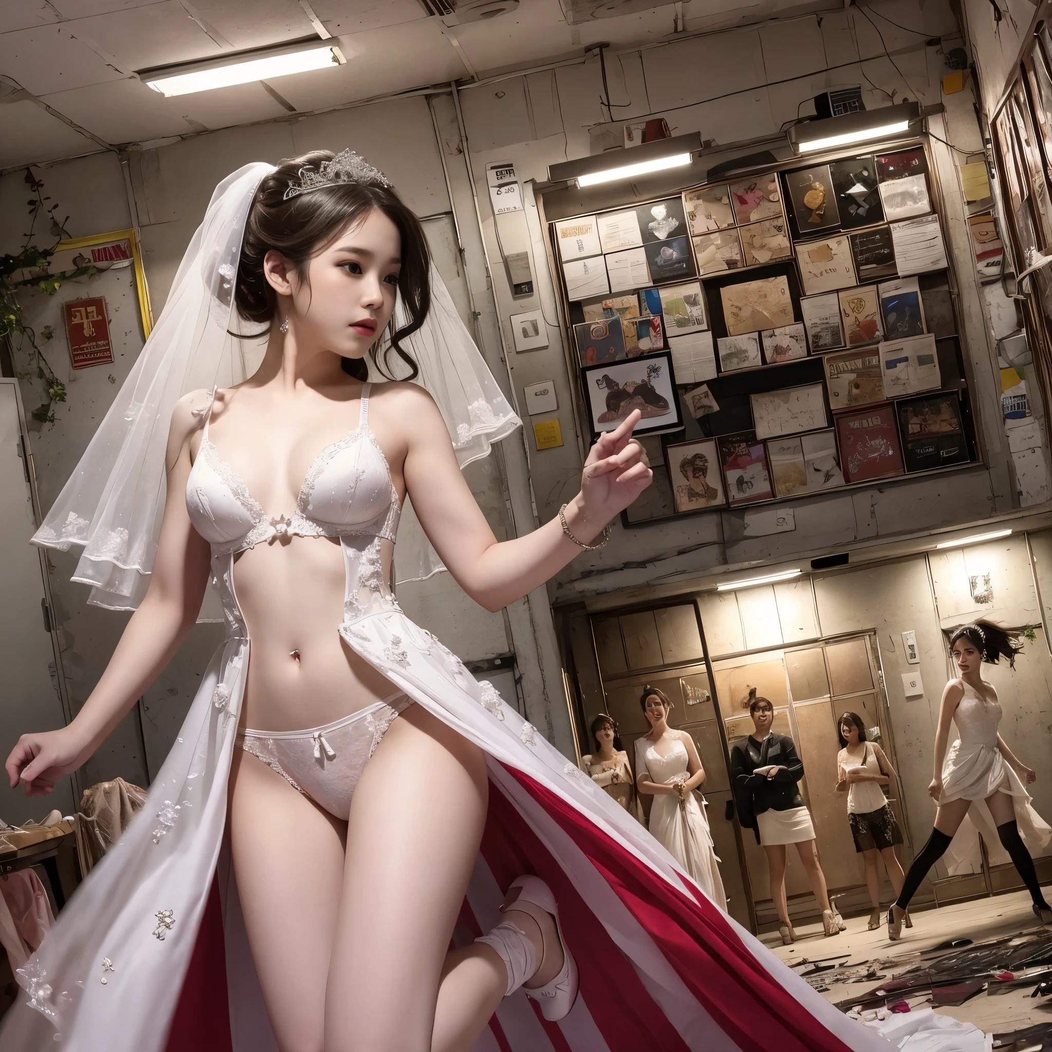 (RAW photo:1.2), (realistic), beautiful detailed girl, very detailed eyes and face, beautiful and detailed eyes, huge file size, High resolution, very detailed, highest quality, [table top:1.6], shape, very detailed, small details, highest quality, 8k wallpaper, movie lighting,woman in a torn wedding dress, Mysterious cube-shaped flying object, Destroyed world, Fleeing Woman, fight bravely, Desolate world, running, A white bra is visible through the torn wedding dress, White panties are visible, A red shining disaster々new cube, look of fear, slender body, young face, immature body, Exposed underwear, white high heels