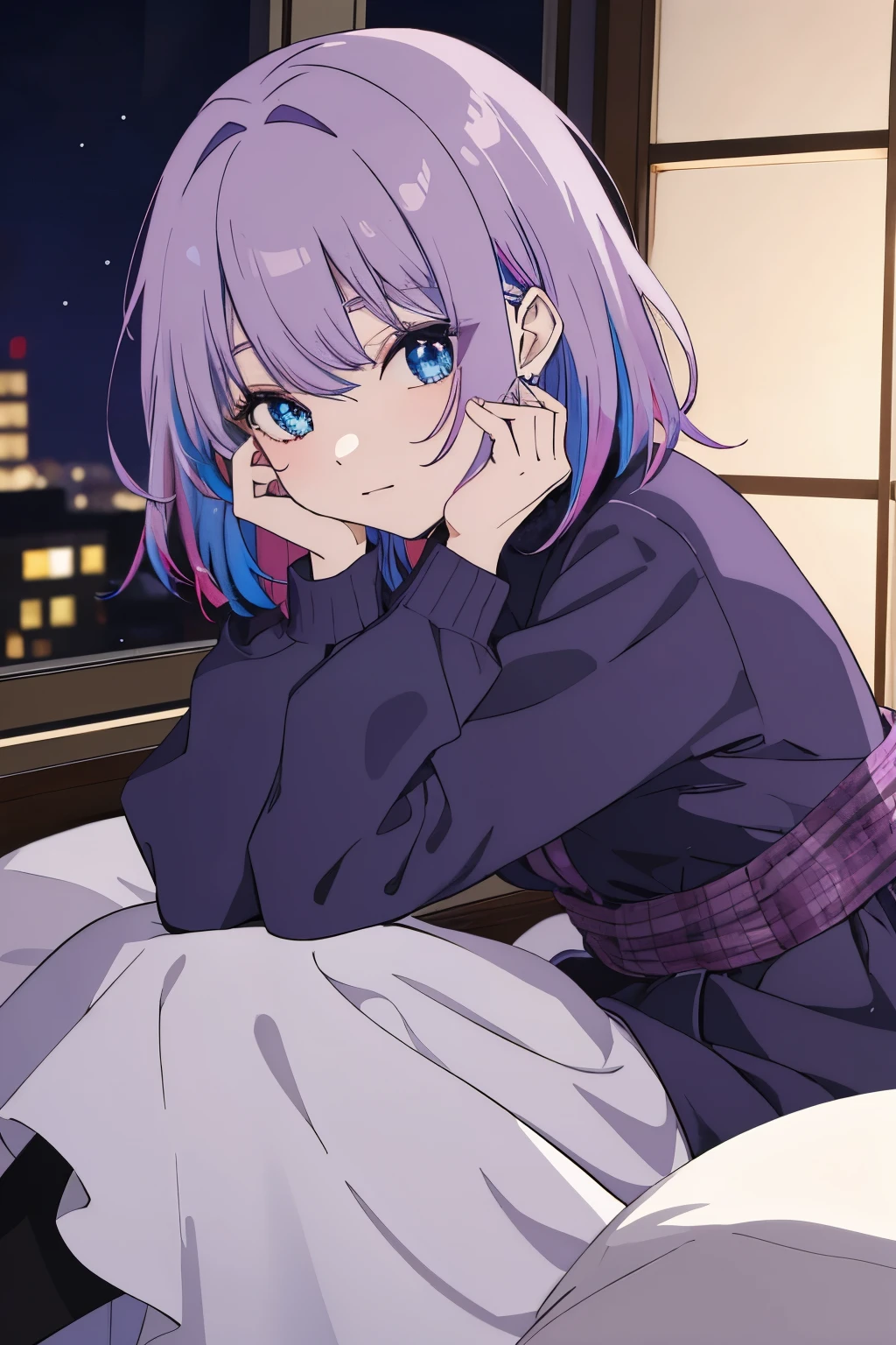 Scene View,null,anime style, house light ,night,headrest, intense angle, Curtsey,(Light purple hair)、(Web Hair)、medium hair、sparkling blue eyes、winter scenery,highest quality、Multicolored hair