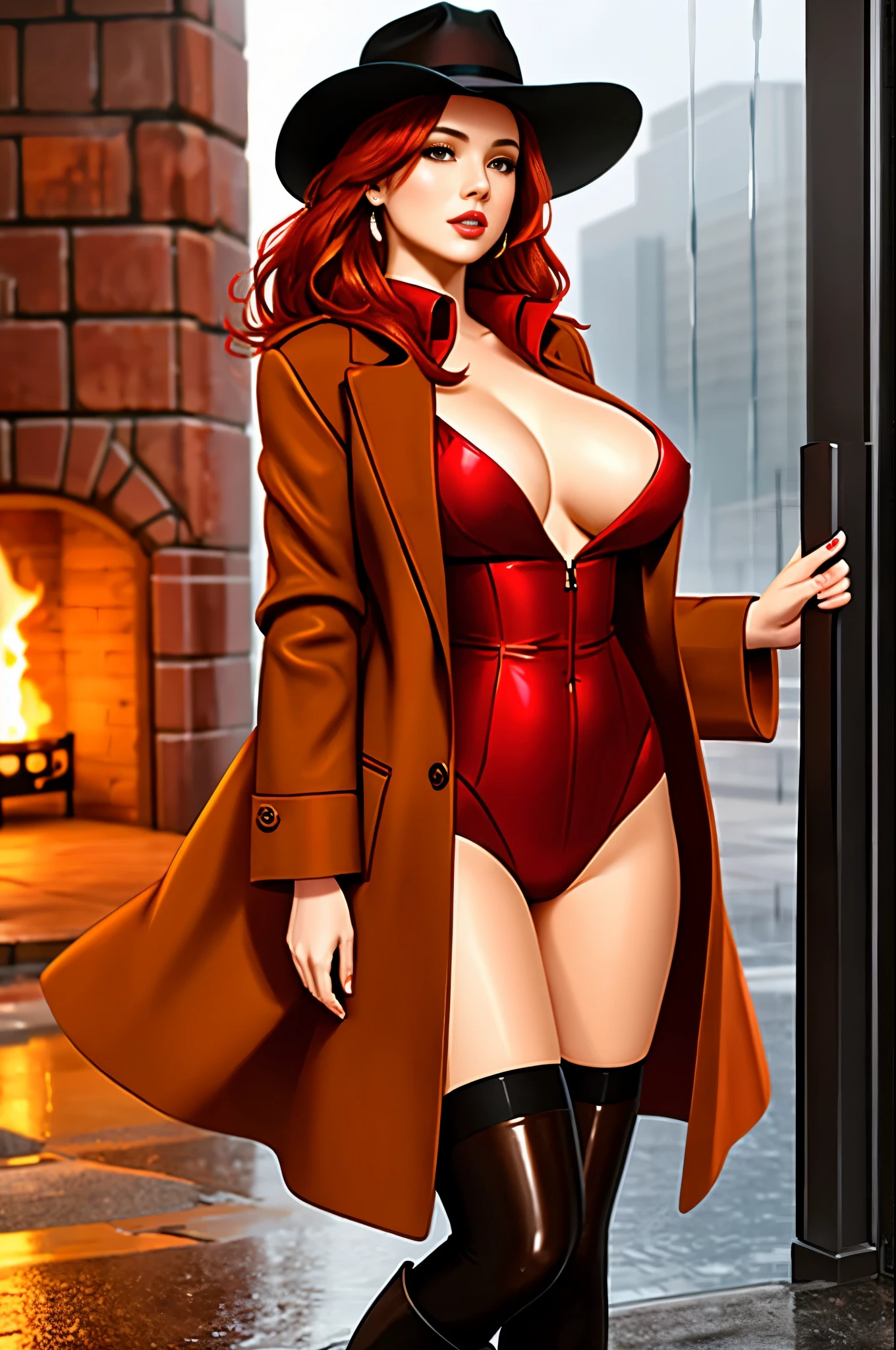 gorgeous woman wearing a tan coat and red lingerie, luxurious red hair, full body shot, fedora, rain, soaking wet