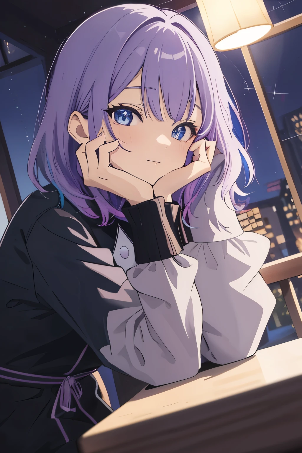 Scene View,null,anime style, house light ,night,headrest, intense angle, Curtsey,(Light purple hair)、(Web Hair)、medium hair、sparkling blue eyes、winter scenery,highest quality、Multicolored hair