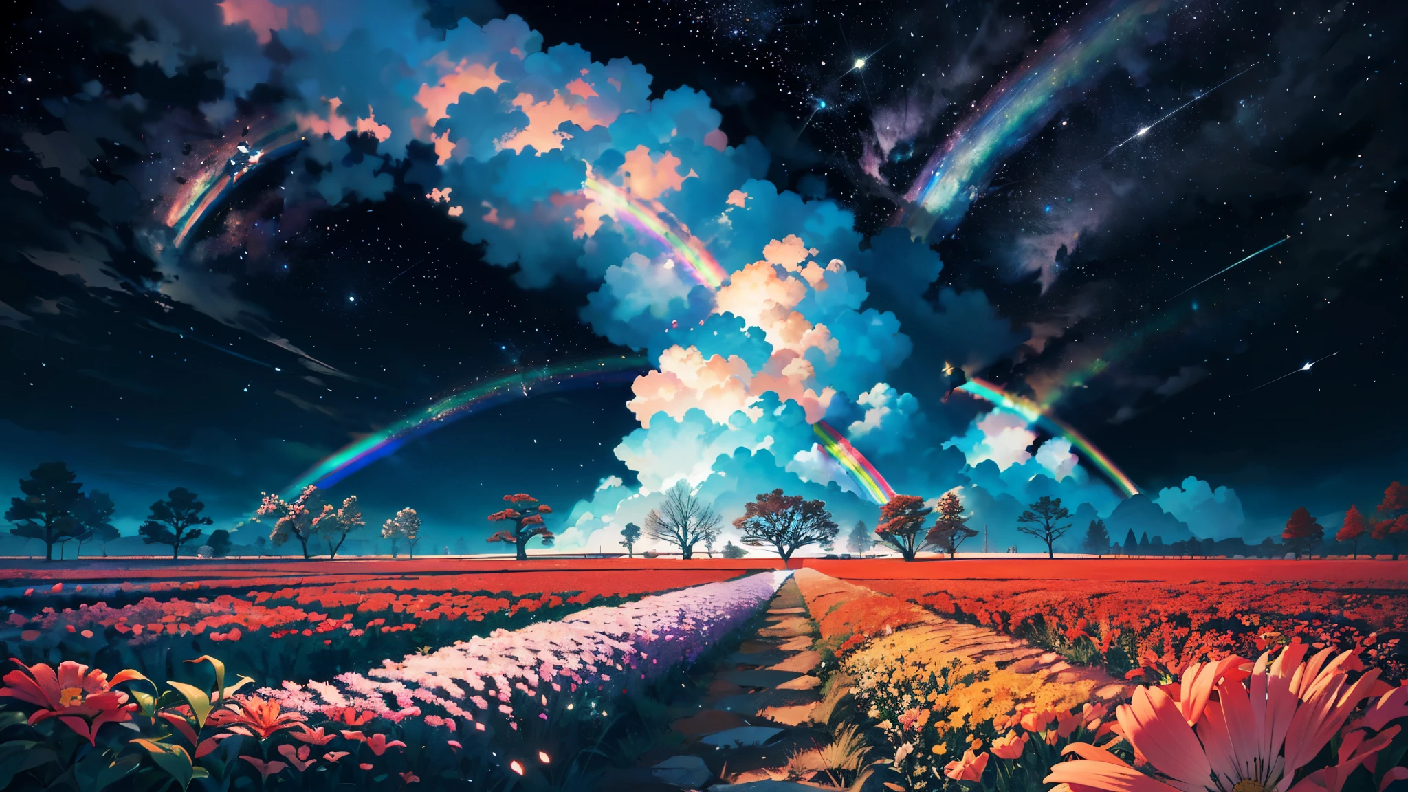 Foto de vasta paisagem, (visto de baixo, The sky is above and the open field is below), um garoto parada de kimoto japones em um campo de flores olhando para cima, (Lua cheia: 1.2), (Meteoro: 0.9), (nebulosa: 1.3), Montanhas distantes , BREAK Trees Crafts, (luz quente: 1.2), (vagalumes: 1.2), luzes, Muito roxo e laranja, detalhes intrincados, volumetric lighting, realismo QUEBRA (obra de arte: 1.2), (melhor qualidade), 4k, ultra-detalhado, (dynamic composition: 1.4), muito detalhado, detalhes coloridos, (rainbow colors: 1.2), (Bright lighting, atmospheric lighting), sonhadores, magical, (Sozinho: 1.2)