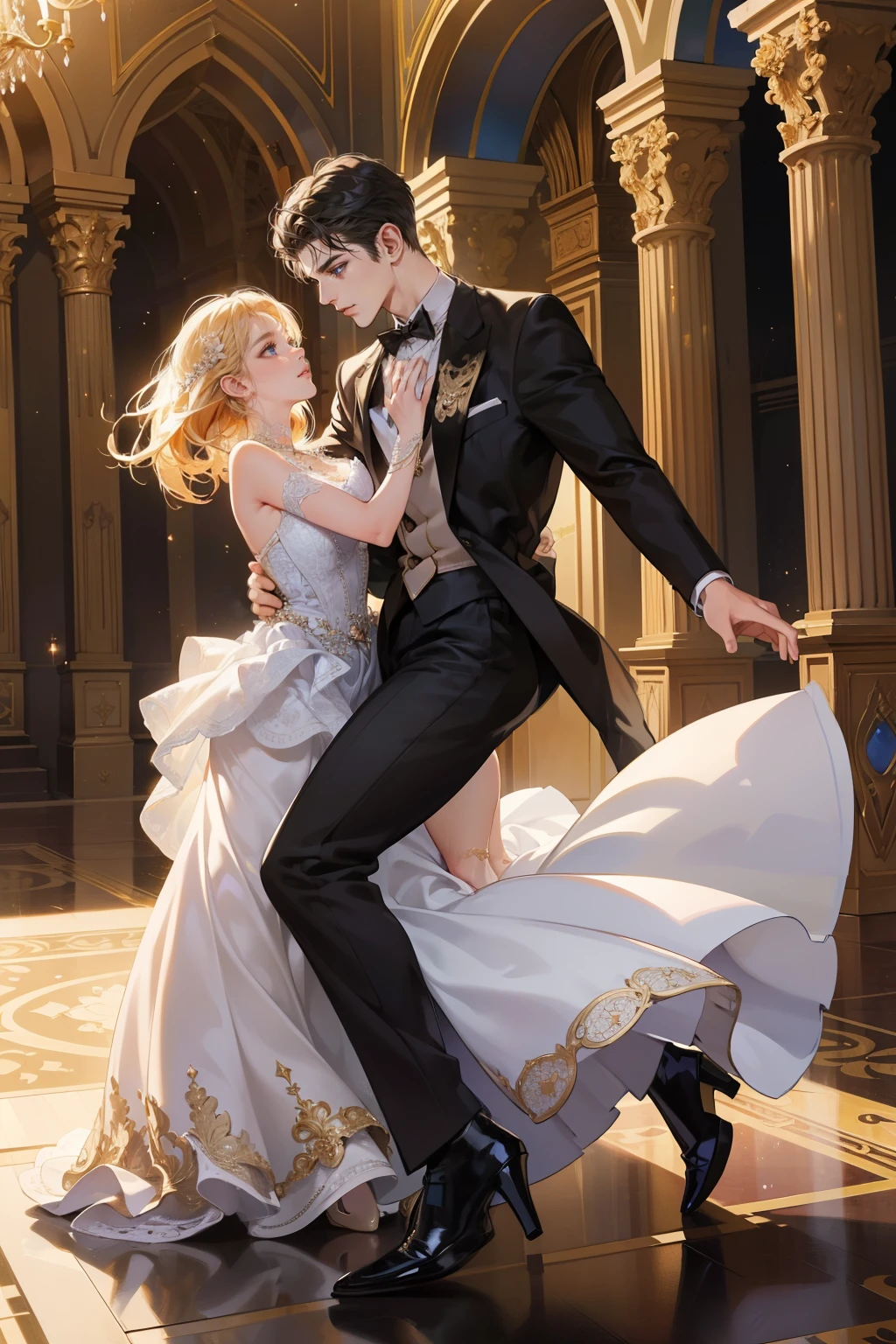 (ultra-detailed, best quality, high resolution), a magnificent castle backdrop, intricately designed with towering turrets and ornate decorations, a couple elegantly dressed in formal attire, (1 man and 1 woman), twirling each other in a passionate dance, their faces expressing deep connection and joy, (detailed eyes, expressive and full of emotion), their skin glowing with a radiant sheen as if lit by the soft castle illumination, (shimmering ball gowns and tuxedos), their bodies moving gracefully, leaving behind a trail of sparkling dust on the grand marble floor.