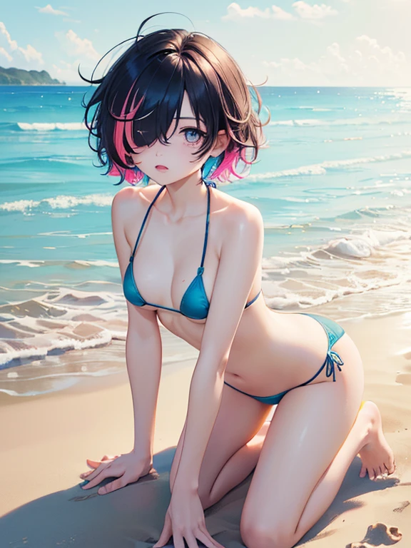 (masterpiece, high quality, high resolution, absurd, super detailed, High saturation、8k),real,solo,(micro bikini:1.5),sexy girl,beautiful eyes、(volumey,hair over one eye,messy hair,short hair:1.5),(colorful hair:1.5),kneeling、 ,(beach),