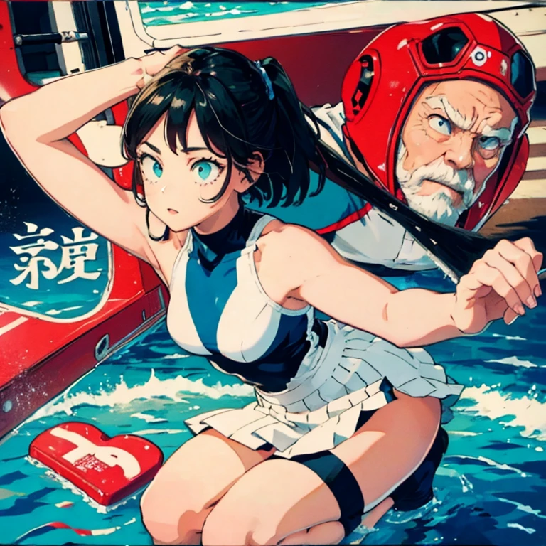 Sportswear that fits your body perfectly、Sports Beautiful Girl、short hair、black hair、put a stick between your thighs、A fat old man next to a beautiful girl、An old man and a beautiful girl are flirting