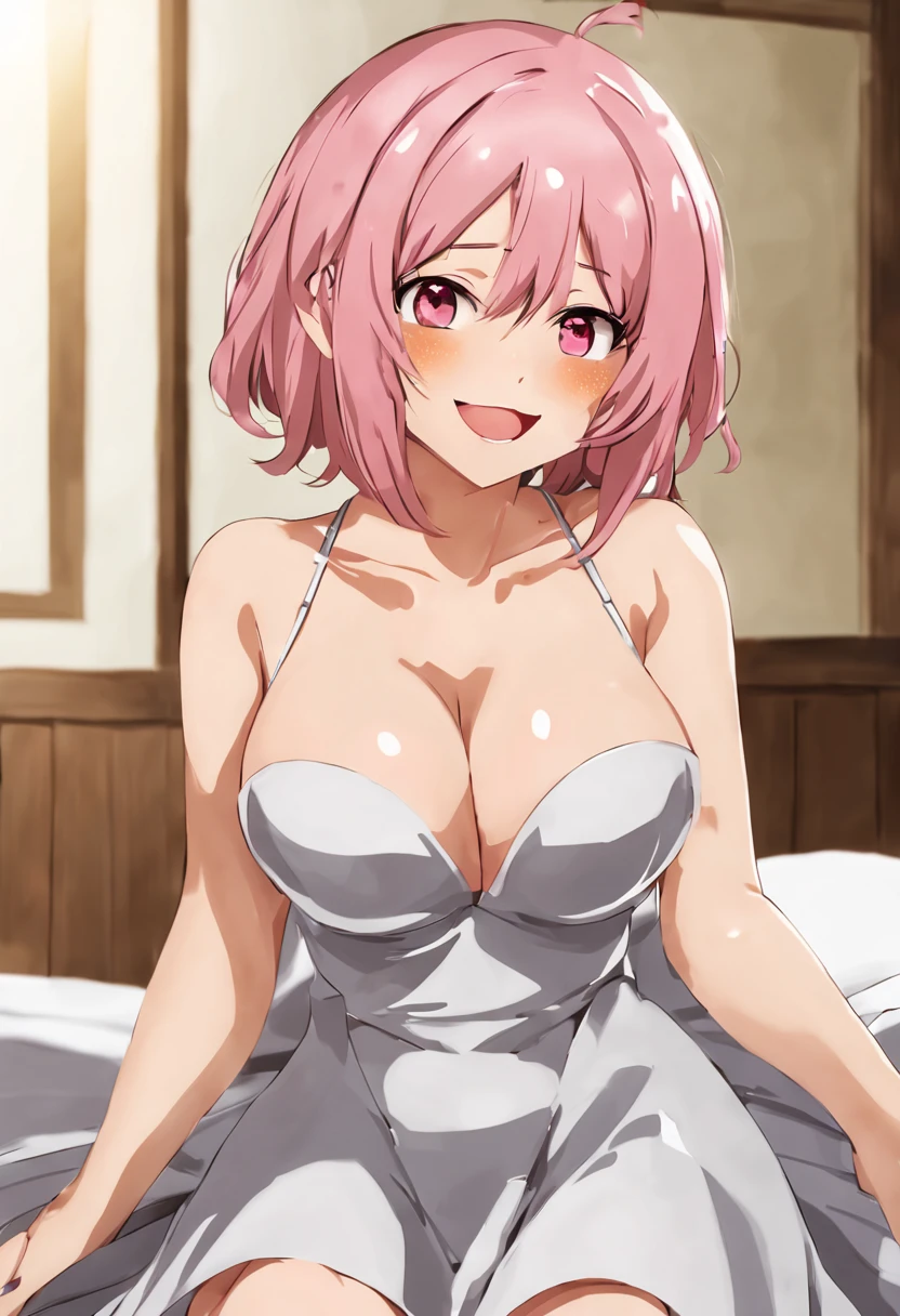 emusu, revealing dress, warm smile, closed mouth, silver dress, 1 girl pink hair solo pink eyes, medium sized breasts, blushing, embarrassed