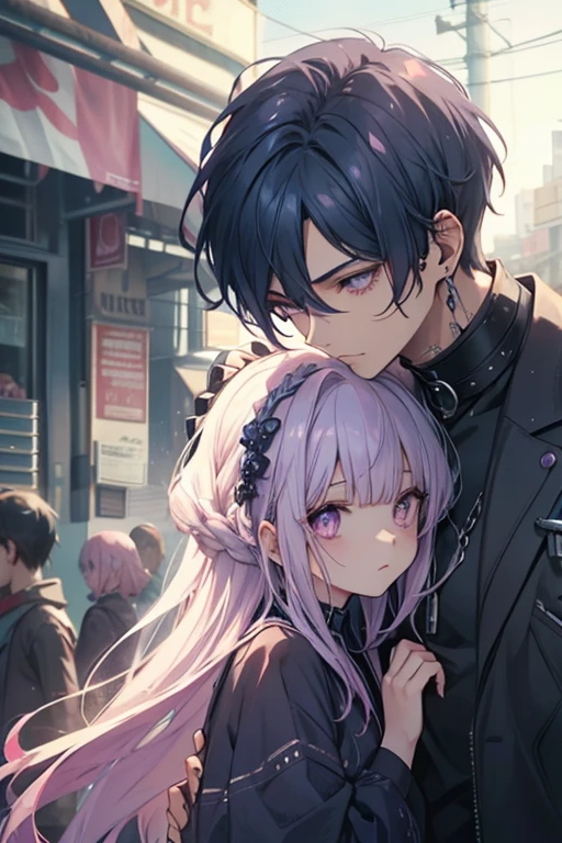 a dark blue haired muscular man with silver eyes  is protecting a pink haired queen with violet eyes