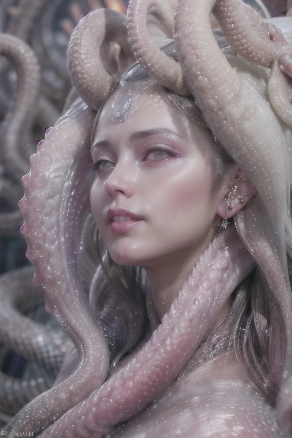 (A portrait of one beautiful and obscene female alien who is a young ager:1.4), ((There is a female genital-like organ in the middle of her forehead:1.8)), (realistic face:1.2), (Numerous award-winning masterpieces, with incredible detail, textures and maximum detail), artistic photography, midnight aura, unreal engine 5, Ultra Sharp Focus, art by Amano Yoshitaka, ArtGerm, Roisch, intricate artwork, ultra realistic realism, high resolution, High freshness, drawing faithfully, official art, Unity 8K Wall paper, ultra detailed artistic photography, dream-like, Creation of fantasy, dream Snail, (biopunk nautilus:1.3),Thrilling color schemes, seductively smiling, Amazing mutation, well-proportioned body, goddess of the deep sea, fractal, Geometric pattern, impossible figures, (translucent white tentacles with luminescent organs:1.4), subtle emerald green accents, (smiling seductively:1.3),(She has the most beautiful face in the history of the universe:1.5), Penelope Cruz, (she is looking down at viewers with glowing red eyes with no pupils:1.3), an evil gaze that seduces, cinematic lighting, (Vampire-like long canine teeth can be glimpsed through the gap between the lips:1.3), in the hall of the palace, (sexy and sensual model posing:1.5), (beautiful small breast and nipples:1.2)