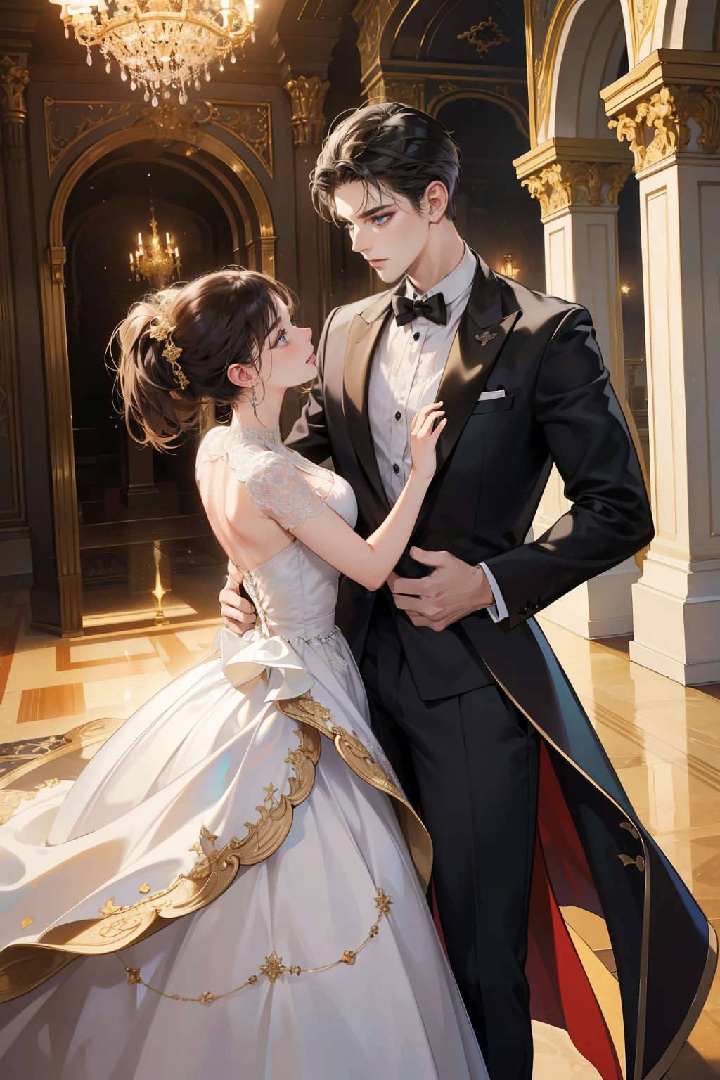 (ultra-detailed, best quality, high resolution), a magnificent castle backdrop, intricately designed with towering turrets and ornate decorations, a couple elegantly dressed in formal attire, (1 man and 1 woman), twirling each other in a passionate dance, their faces expressing deep connection and joy, (detailed eyes, expressive and full of emotion), their skin glowing with a radiant sheen as if lit by the soft castle illumination, (shimmering ball gowns and tuxedos), their bodies moving gracefully, leaving behind a trail of sparkling dust on the grand marble floor.