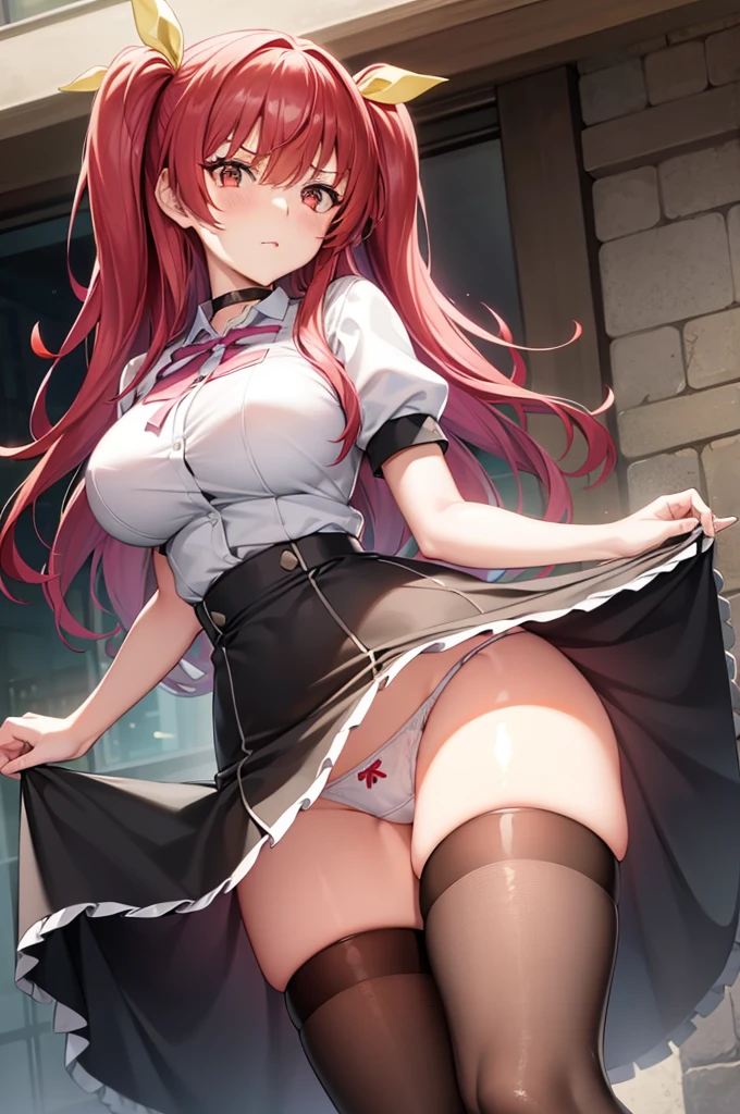 Stella Vermillion, Stella Vermillion, hair between eye, Hair intake, Hair Ribbon, Long hair, (Red Eyes:1.5), Red hair, two side up, Yellow Ribbon,Blake Black Choker, Choker, emblem, Neck ribbon, Plaid, Puffy Short Sleeves, Puffy sleeves, Purple Ribbon, Red hair, Big breasts, bow ribbon, School uniform, Shirt, Short sleeves, Skirt, thighs thighs thighs thighs, White shirt, White skirt,BREAK looking at viewer,,Romper (masutepiece:1.2), Best Quality, High resolution, Unity 8k壁纸, (Illustration:0.8), (Beautiful detailed eyes:1.6), extra detailed face, Perfect Lighting, extremely details CG, (Perfect hands, Perfect Anatomy),、Stand on the escalator, (By up escalator), (lower body shot), Thigh Focus, (Taken from the bottom 1.3)、 (white  panties:1.3)、(Skirt that rolls up:1.3)、(Fully exposed panties:1.5),embarrassed, Blushing, wobbly mouth, (angry), Looking at Viewer, Outside, Panties, Sexy, thick thighs, wide hips、plein air、outside of house、(black thighhighs:1.3)