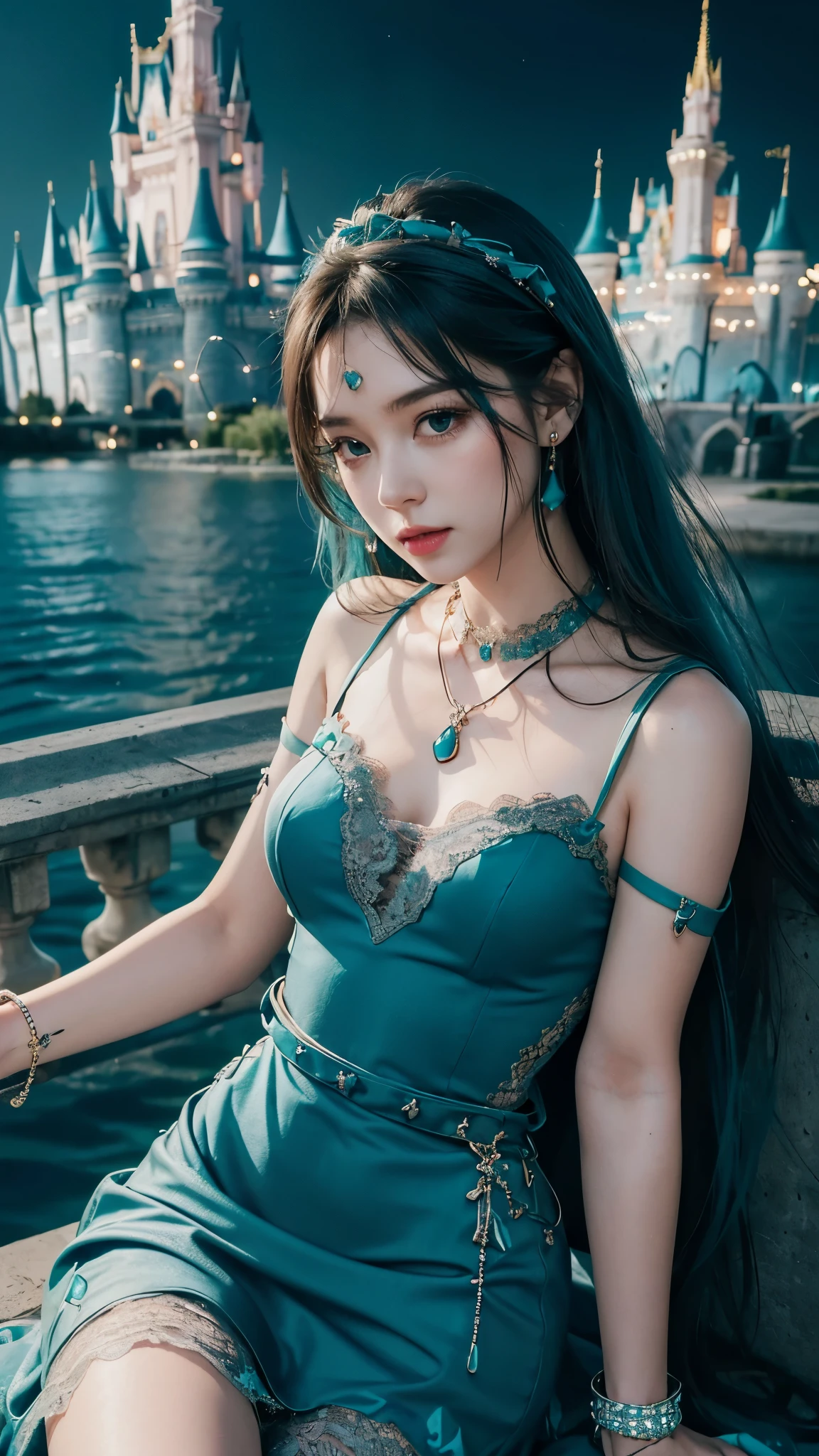 8K, ultra HD, masterpiece, realistic, 1 girl, good face, smoggy makeup, very long hair, princess hairstyle, detailed eyes, detailed lips, medium figure, very detailed dress, (teal dress:1.5), (strap:1.5), (lace:1.5), (net stocking:1), (jewelry:1.8), ((disney castle)), night sky, water, bloom lighting, night lighting, darkness, attractive poses,