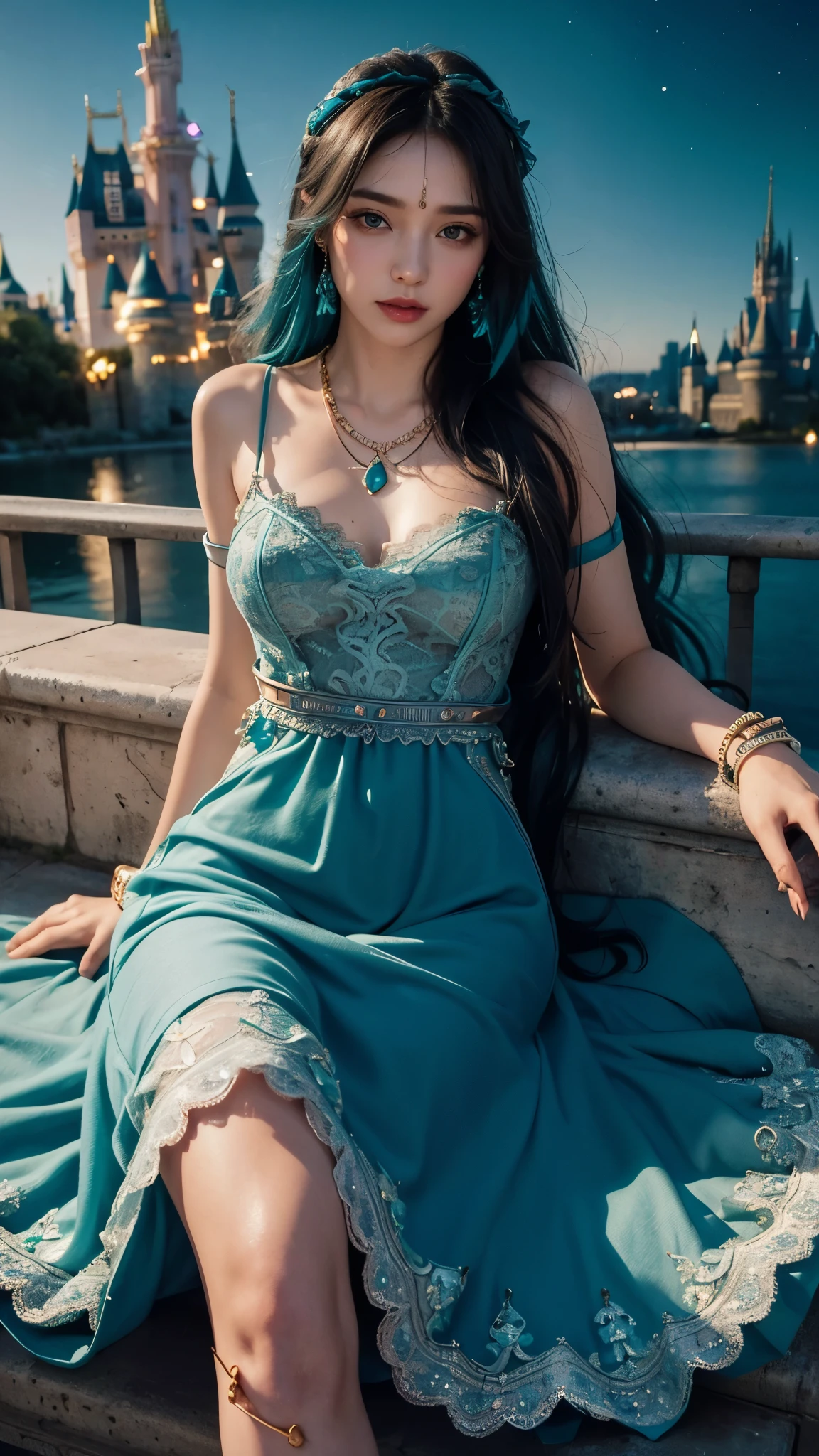 8K, ultra HD, masterpiece, realistic, 1 girl, good face, smoggy makeup, very long hair, princess hairstyle, detailed eyes, detailed lips, medium figure, very detailed dress, (teal dress:1.5), (strap:1.5), (lace:1.5), (net stocking:1), (jewelry:1.8), ((disney castle)), night sky, water, bloom lighting, night lighting, darkness, attractive poses, sitting,