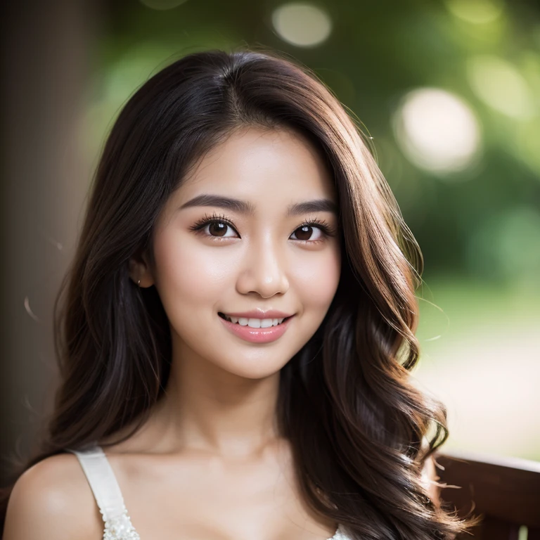 Malay woman, 25yo, office, beautiful face, perfect smile, portrait, chest shot, fluffy wavy hair with highlight, modest dress, blur background, bokeh backgroun