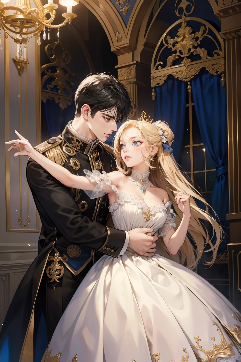A couple dancing gracefully in a majestic castle, their movements so realistic that you can almost hear the soft music playing in the background. The image is captured in the highest resolution, showcasing every intricate detail of their faces, particularly their detailed eyes that reflect their passion and joy. Their skin is impeccably smooth and radiant, with a subtle shine that enhances their beauty. The background is intricately designed, with a detailed depiction of the castle's grandeur, from the ornate walls to the elegant chandeliers. The photo is a true masterpiece, with its high resolution and raw quality bringing the scene to life. The composition and clarity of the image are exceptional, making it a work of art in its own right. The atmosphere exudes a sense of