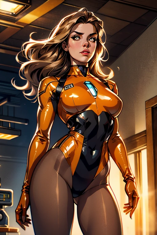 (best quality,8k:1.2,high resolution:1.2),ultra-detalhado,Realistic,retro science female,static pose,long hair,rosto extremamente detalhados,long eyelashes,all sheer light brown leotard de nylon Apertado,all light brown pantyhose, beige gloves,orange Glossy metalic accessories,Physically-based rendering,foco nítido,studio lighting