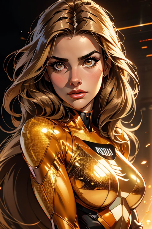 (best quality,8k:1.2,high resolution:1.2),ultra-detalhado,Realistic,retro science female,static pose,long hair,rosto extremamente detalhados,long eyelashes,all sheer light brown leotard de nylon Apertado,all light brown pantyhose, beige gloves,orange Glossy metalic accessories,Physically-based rendering,foco nítido,studio lighting