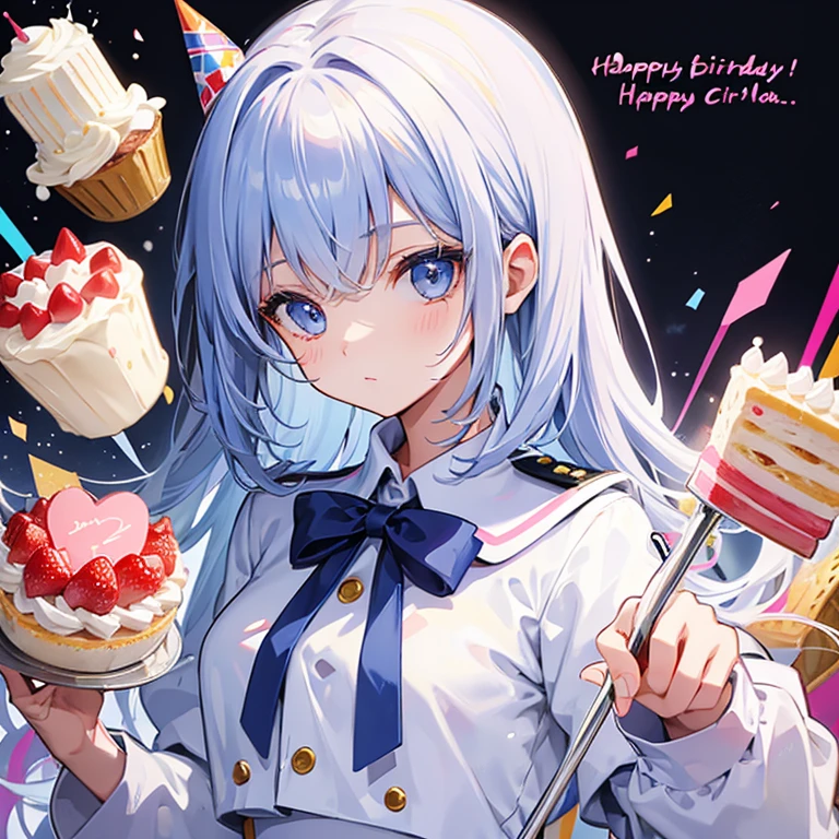 girl on birthday, white uniform, detailed eyes, bring birthday cake