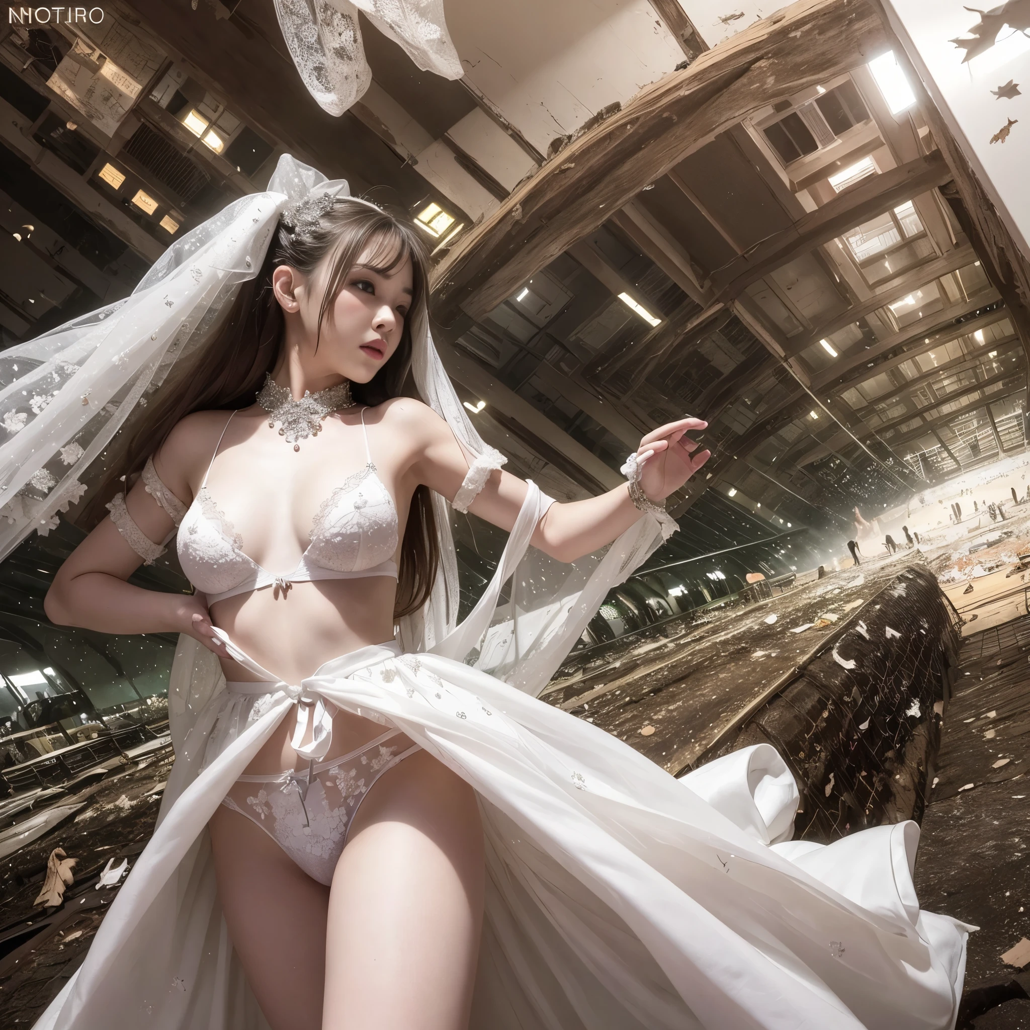 (RAW photo:1.2), (realistic), beautiful detailed girl, very detailed eyes and face, beautiful and detailed eyes, huge file size, High resolution, very detailed, highest quality, [table top:1.6], shape, very detailed, small details, highest quality, 8k wallpaper, movie lighting,woman in a torn wedding dress, Mysterious cube-shaped flying object, Destroyed world, Fleeing Woman, fight bravely, Desolate world, running, A white bra is visible through the torn wedding dress, White panties are visible, A red shining disaster々new cube, look of fear, slender body, young face, immature body, Exposed underwear, white high heels