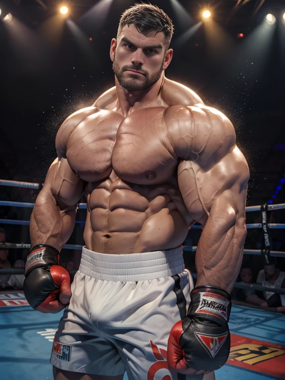 3D Photorealistic, Masterpiece realistic, best high quality, perfect details, RAW Photo, intricate details, nice lighting, 4K, detailed background, In the championship boxing match, A determined muscular boxing champion 45-year-old man, perfect wrinkle wearing pure white boxing trunk and red boxing gloves. His faces marked with grit and determination. Crowded audiences and nice lighting, nice face lighting, serving a boxing battleground. The banner signs overhead cast a surreal, flickering glow, adding to the atmosphere of raw energy. He looks firm in powerful boxing stances, as ready to start the fight in a next second. Unnoticed by the world beyond. It's a fight born of pride, rivalry, or perhaps a deeper conflict and pride, and it rages on with an intensity that can only be found in the unforgiving boxing stadium of the city. Intricate details, details of physic muscle, perfect body anatomy, perfect hand anatomy. hot beard, (look at viewer:1.6), (straight face:1.2)