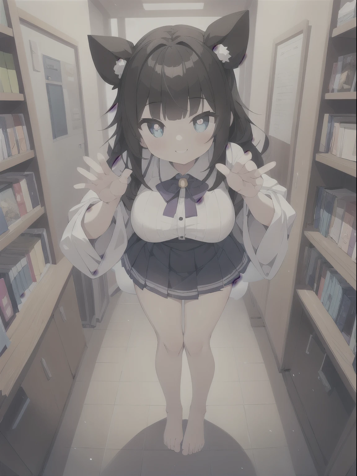 (one elementary school girl:1.2), (alone:1.2),(13 year old girl)、young girl、big breasts、 table top, nffsw、shader、highly detailed eyes、black hair、silky hair、ultra-intricate pupil in eyes、highest quality、Lift your with your hands、bright colors、Bust 100、Standing picture of the game、Pose to emphasize、Children's Clothing(light blue)(big fluffy costume)、Yellow miniskirt、panty shot、thin legs、barefoot、bare hands、grinning expression、evil smile、Eyes half closed、open your mouth、Showing the soles of the feet、standing pose