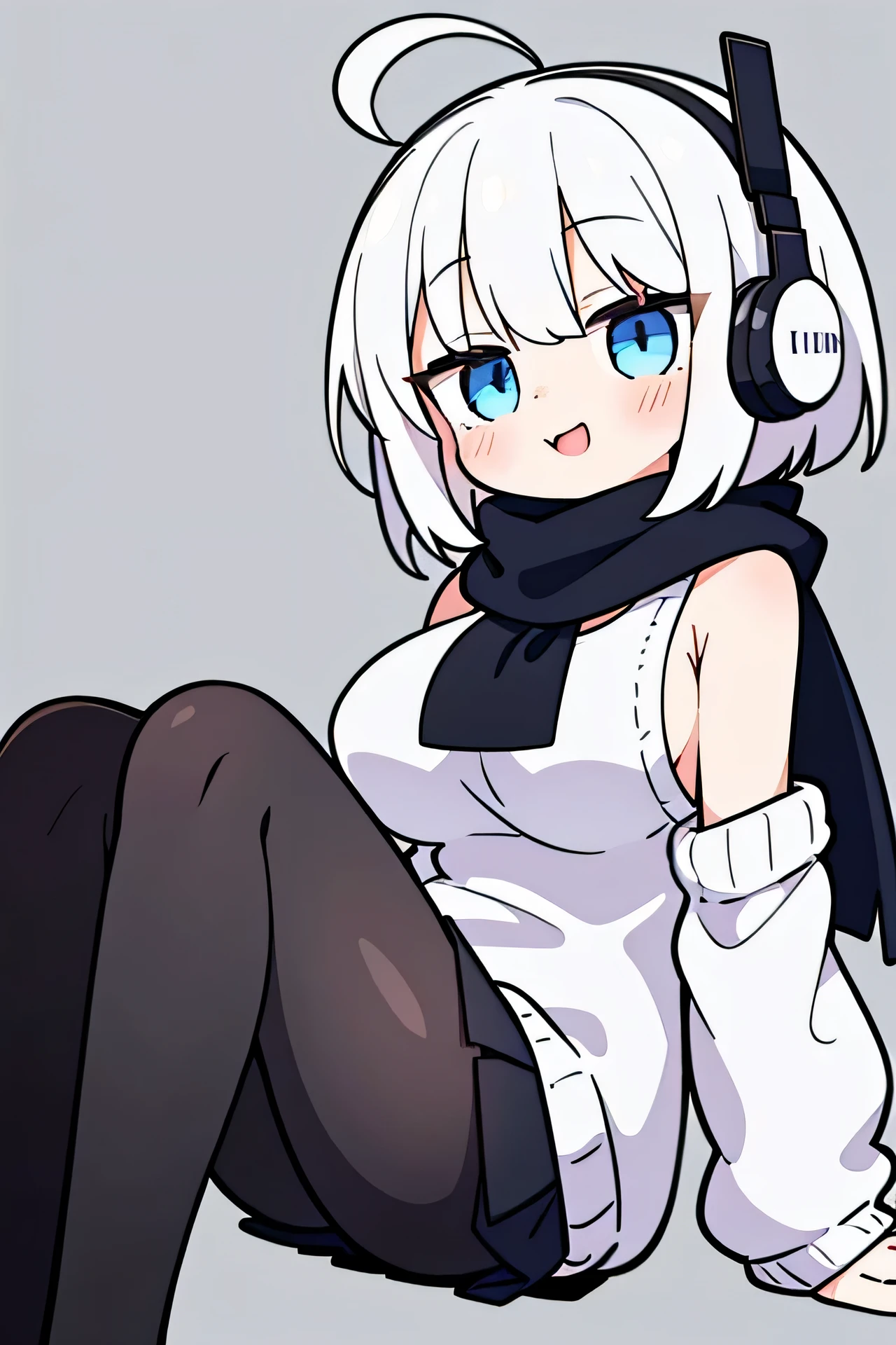 1 girl, young girl,whole bodyが映る, alone, blush, (gray hair), bob, blue eyes, ((big breasts)),whole body,white sweater , black skirt,8K, Super detailed, masterpiece, high quality, High resolution, high detail, high face detail, HD quality,sister,smile,cute,shoulder length,Ahoge,scarf,stinky eyes,black tights,sexy,put on headphones
